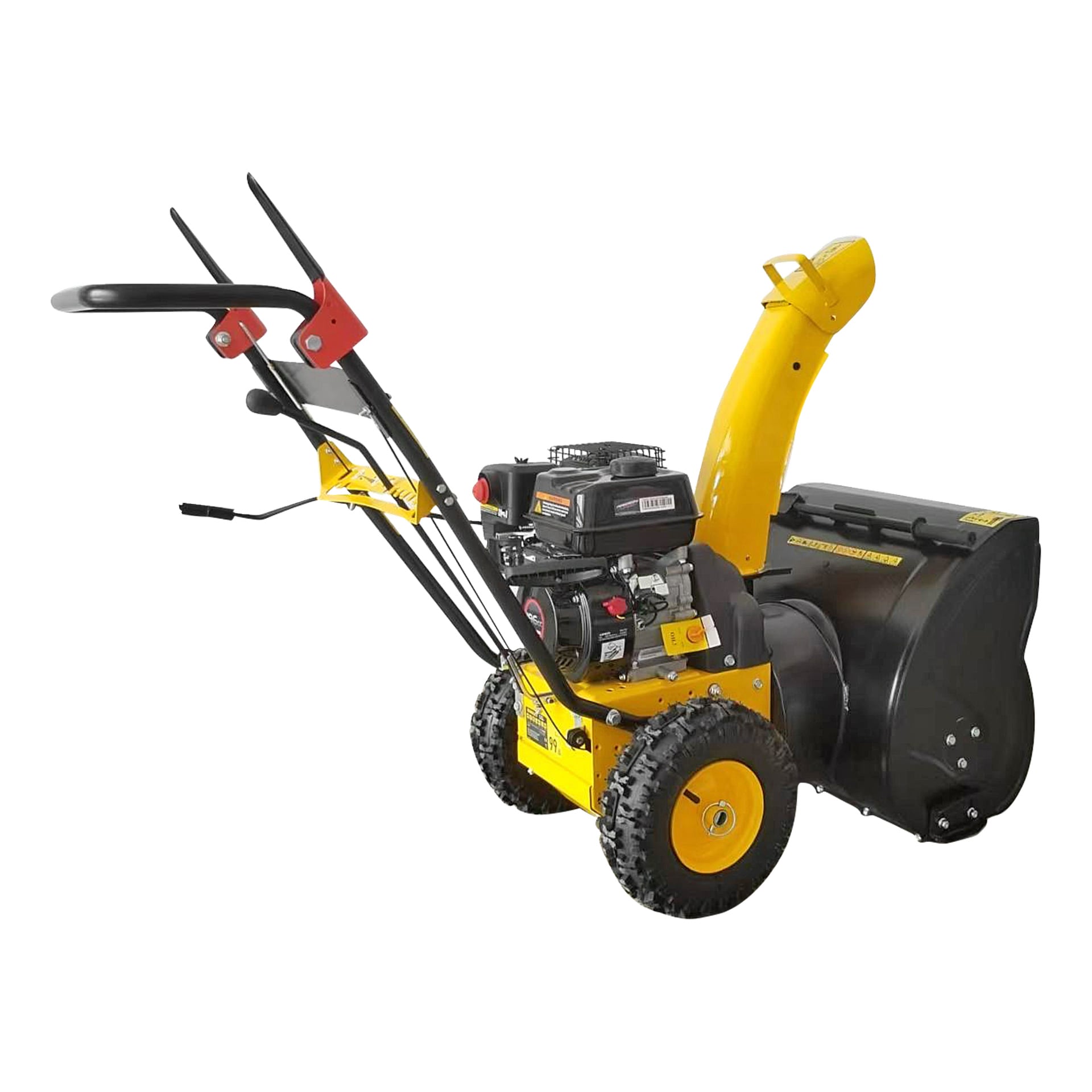 Gul och svart tvåstegs snöslunga med metallskrokshus, stora hjul och bakmonterad svart motor, sedd från sidan.