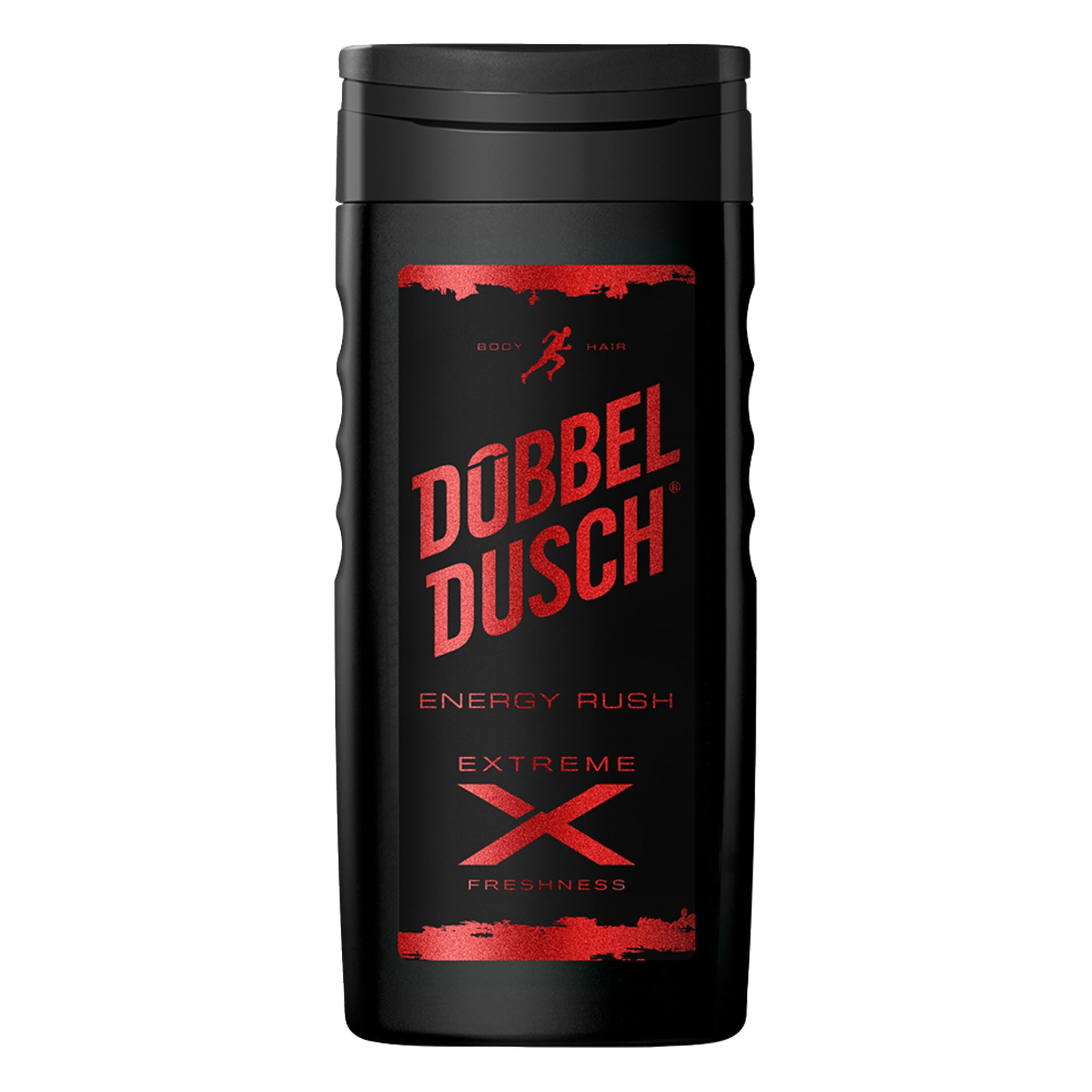 En svart Døbbel Dusch Energy Rush Extreme Freshness kropps- och hårtvättflaska med röda grafiker och text på etiketten.