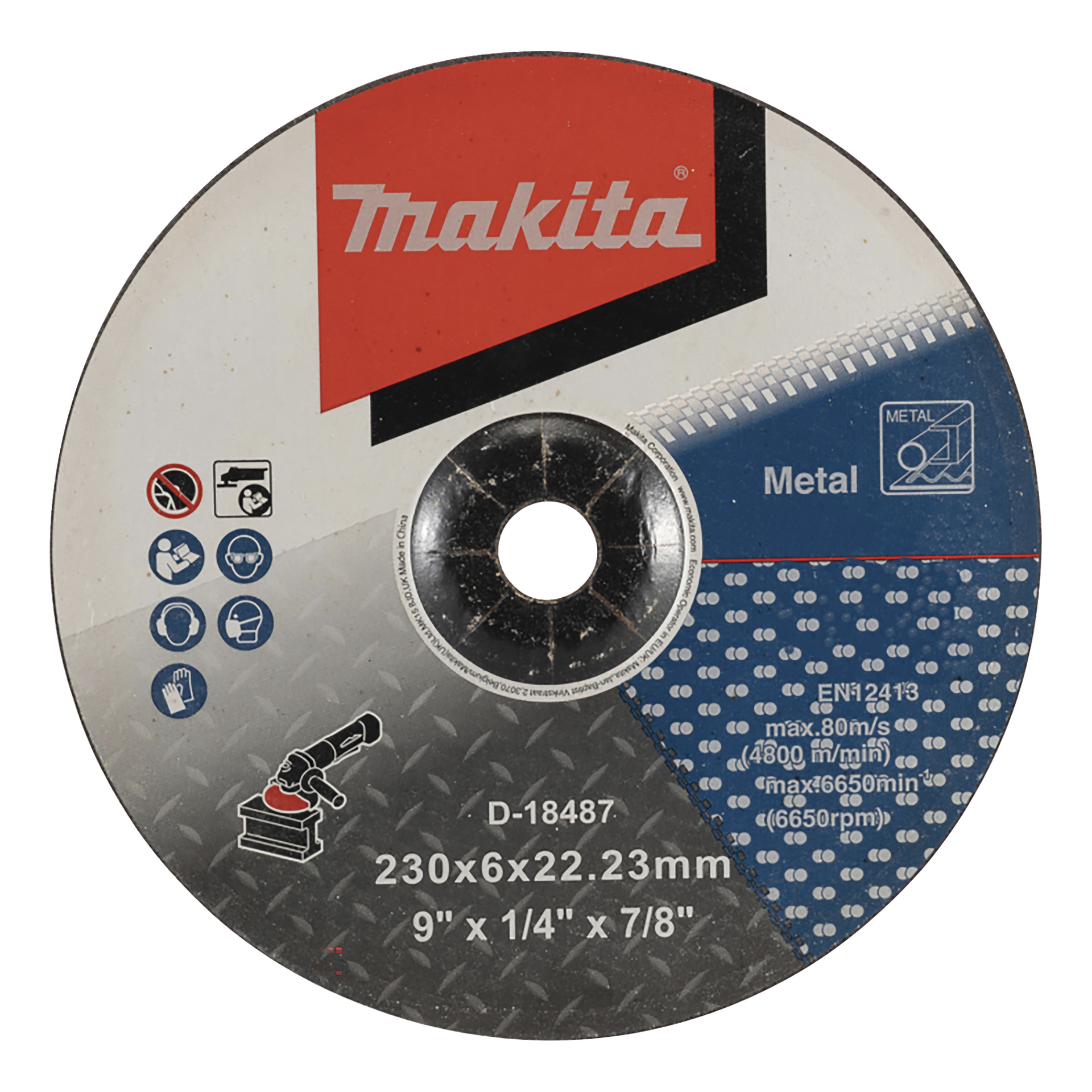 Makita D-18487 metallileikkuulevy, 230x6x22,23 mm, maksiminopeudet 80m/s ja 6650 RPM, turvakuvakkeet harmaalla ja sinisellä taustalla.