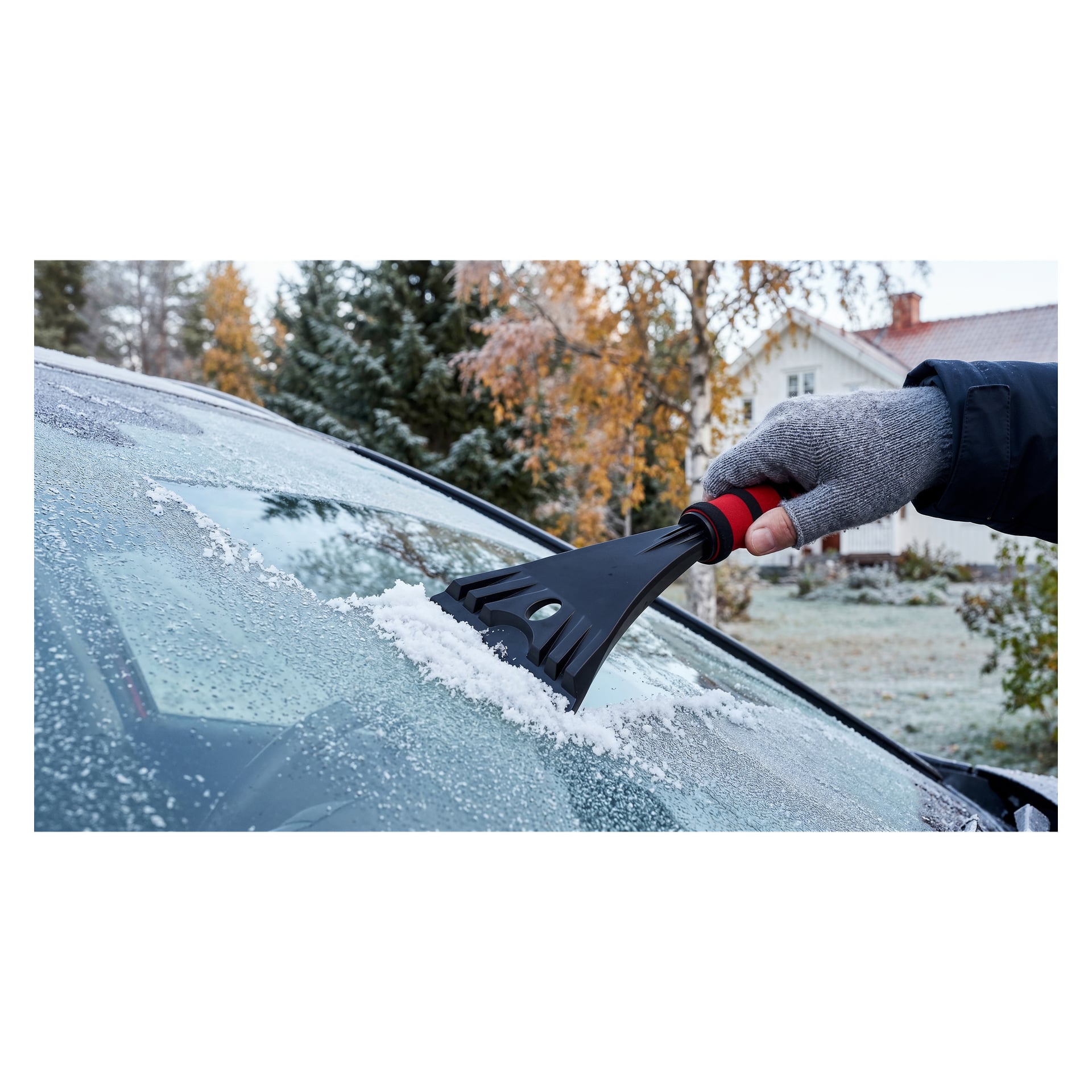 En person i grå handskar skrapar frost och snö från en bilruta med ett svart och rött verktyg; höstträd och ett hus bakom.