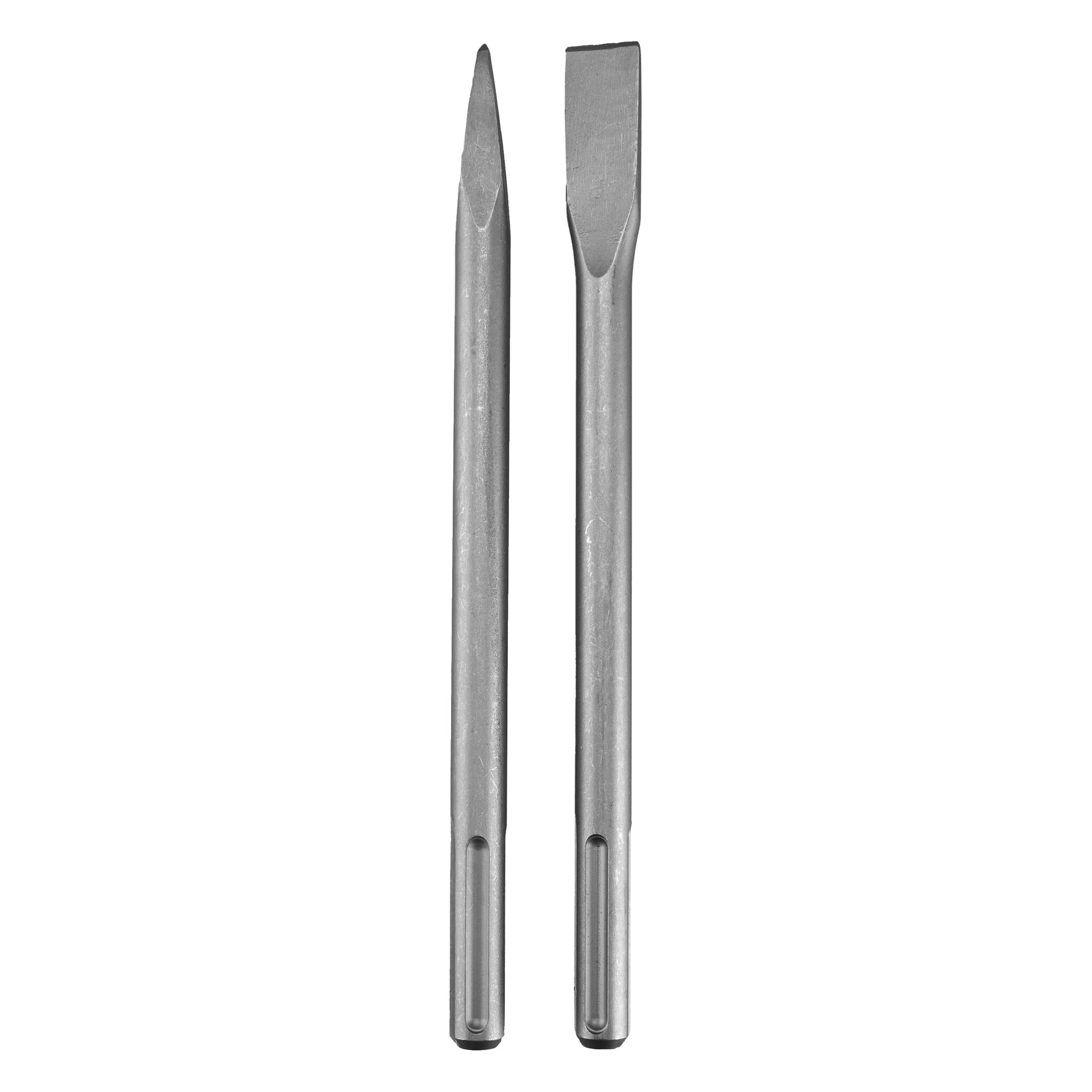 Två metallmejselbitar sitter bredvid varandra; en med spetsig spets, den andra med ett platt blad. Båda har slitsade skaft.