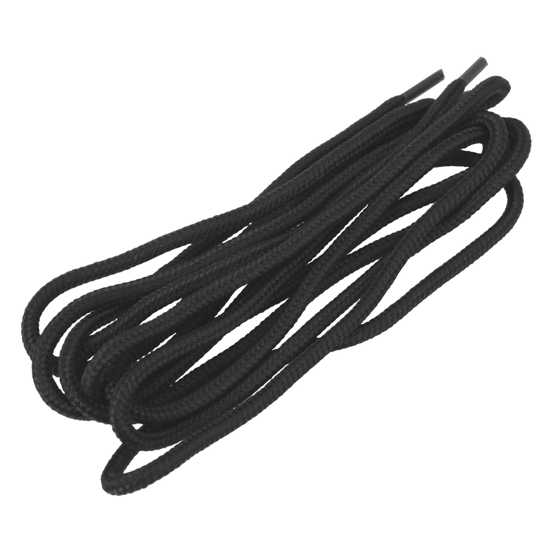 Två långa svarta skosnören med plastspetsar, ihoprullade.
