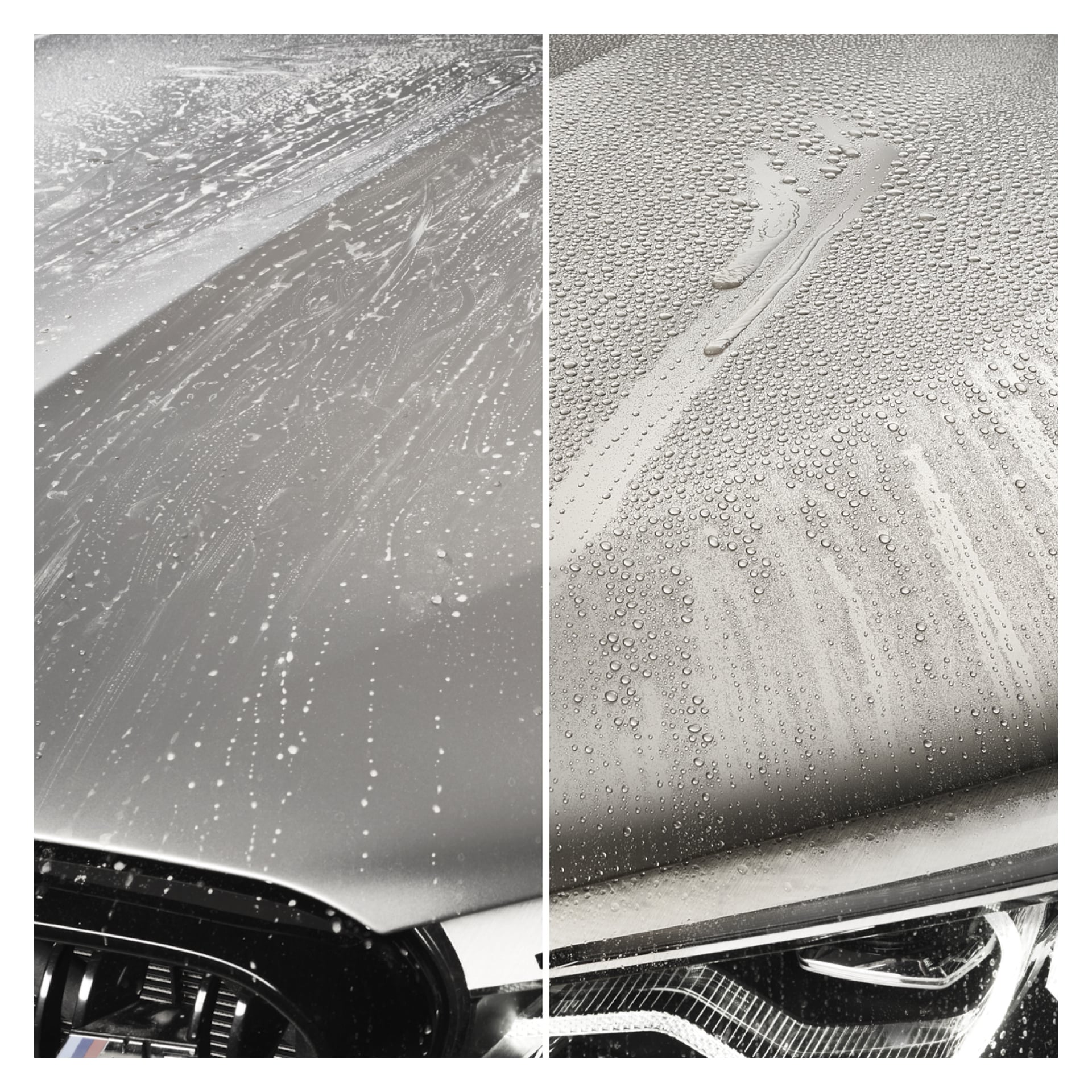 Delad bild av en bilhuv: vänster visar vattenstrimmor och oregelbundna droppar, höger har enhetliga pärlor som visar hydrofob effekt.