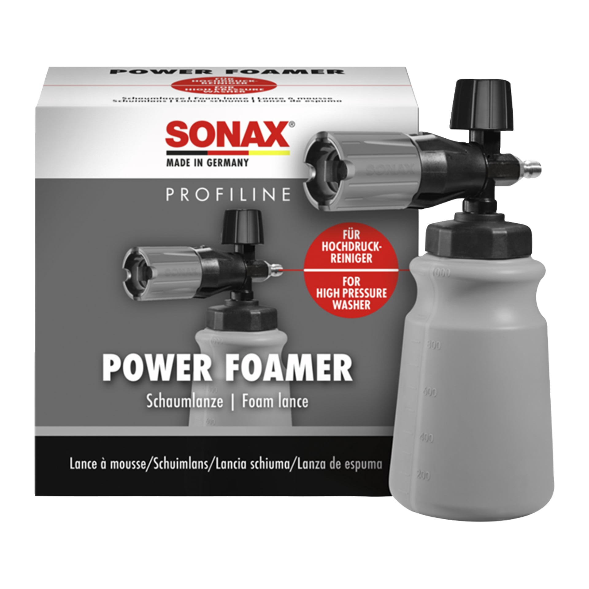 SONAX Profiline Power Foamer -vaahtomuovikeihäs on asetettu laatikon viereen, joka näyttää tuotteen kuvan, brändäyksen ja painepesurien tiedot.