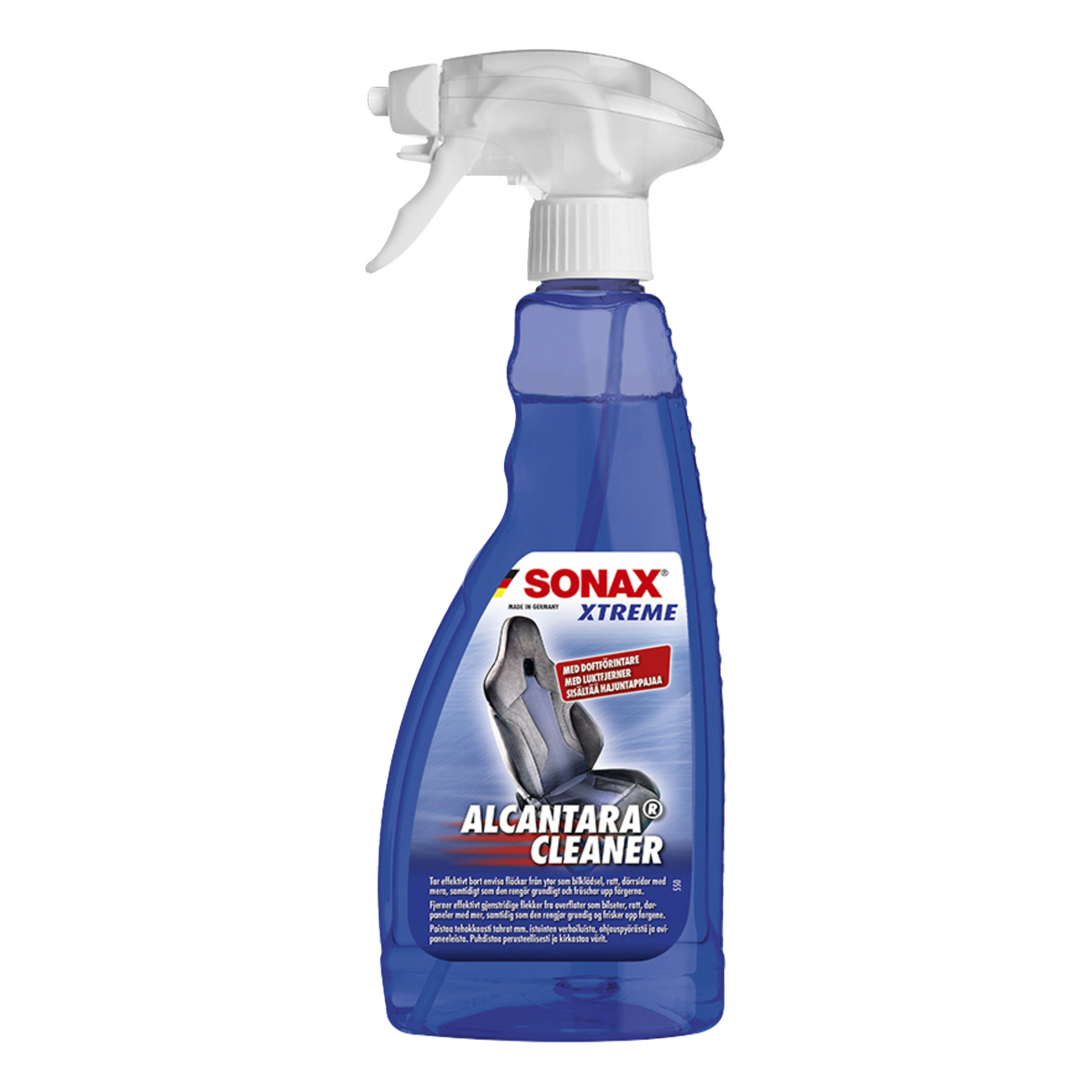 Sininen Sonax Xtreme Alcantara Cleaner -suihkepullo, jossa on liipaisinsuutin ja etiketti, jossa on turvaistuin ja tuotetiedot.