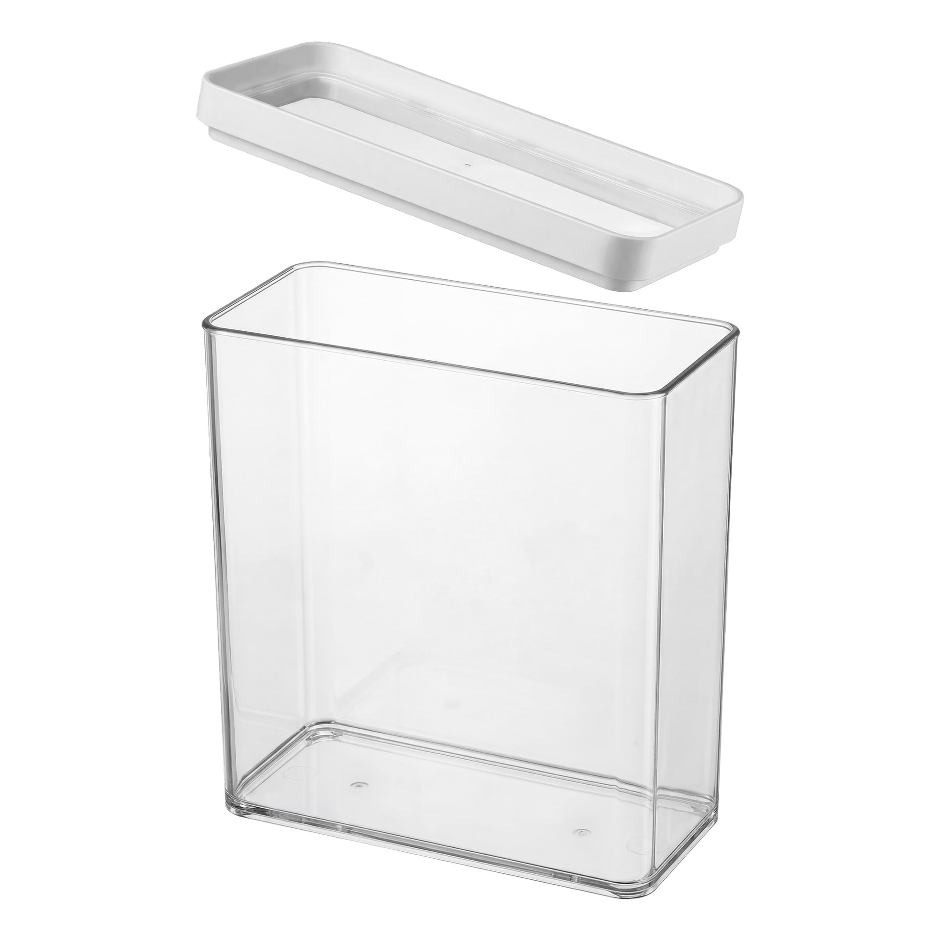 En transparent rektangulär plastbehållare med ett vitt lock placerat precis ovanför.