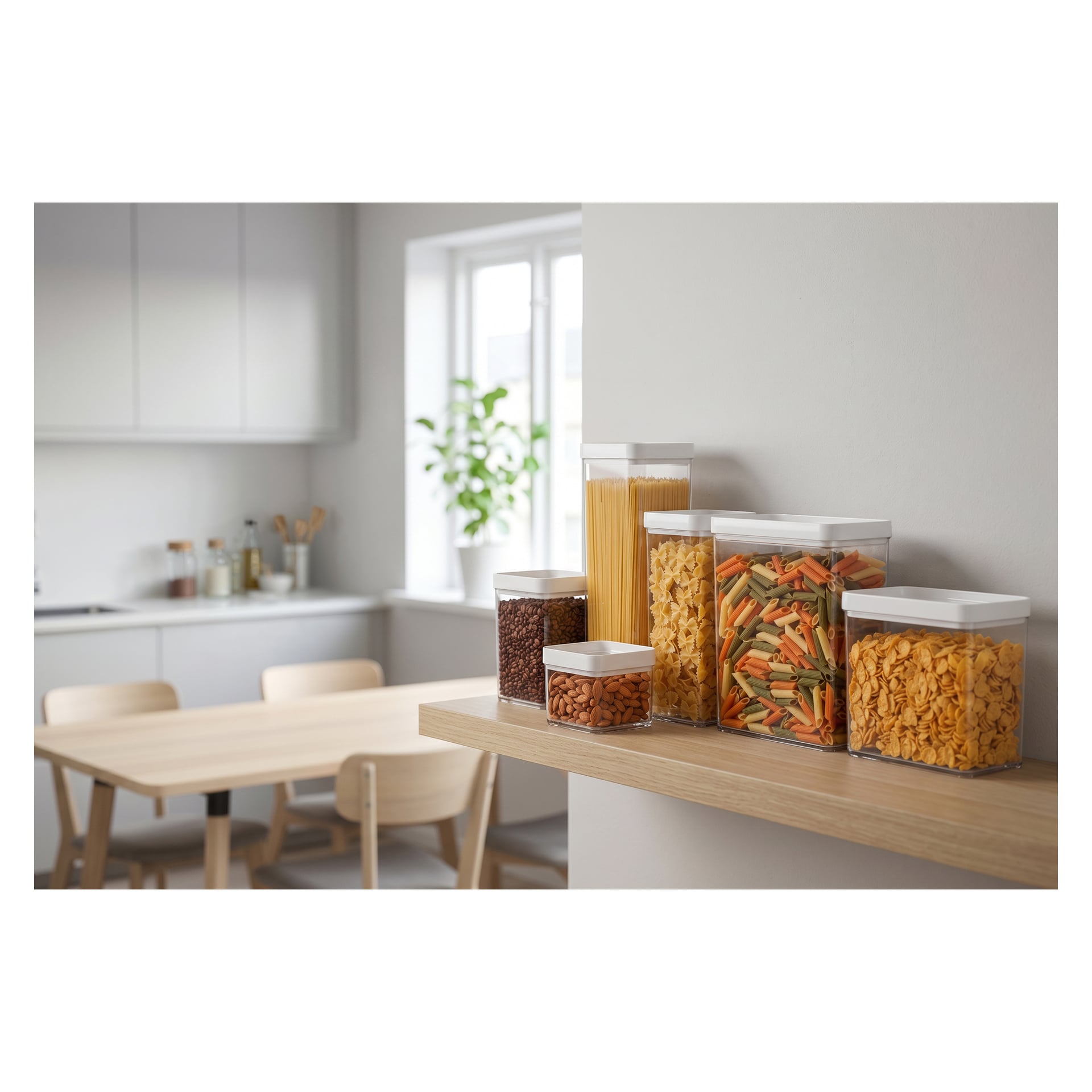 Genomskinliga behållare med vita lock förvarar pasta, bönor och nötter på en trähylla i ett ljust kök med matplats bakom.