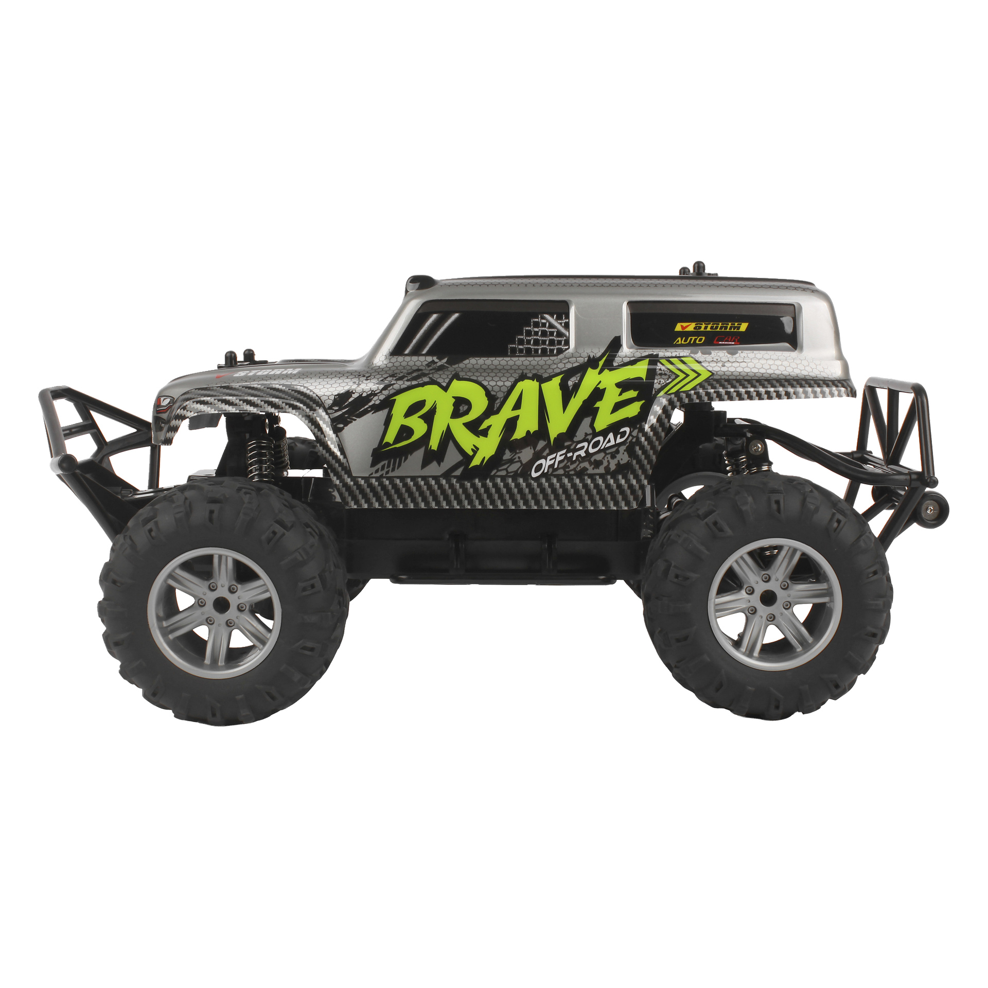 Sivunäkymä musta-harmaalla kauko-ohjattavalla maastoautolla, jossa on isot renkaat, hopeiset vanteet ja BRAVE OFF-ROAD rohkealla vihreällä ja valkoisella.