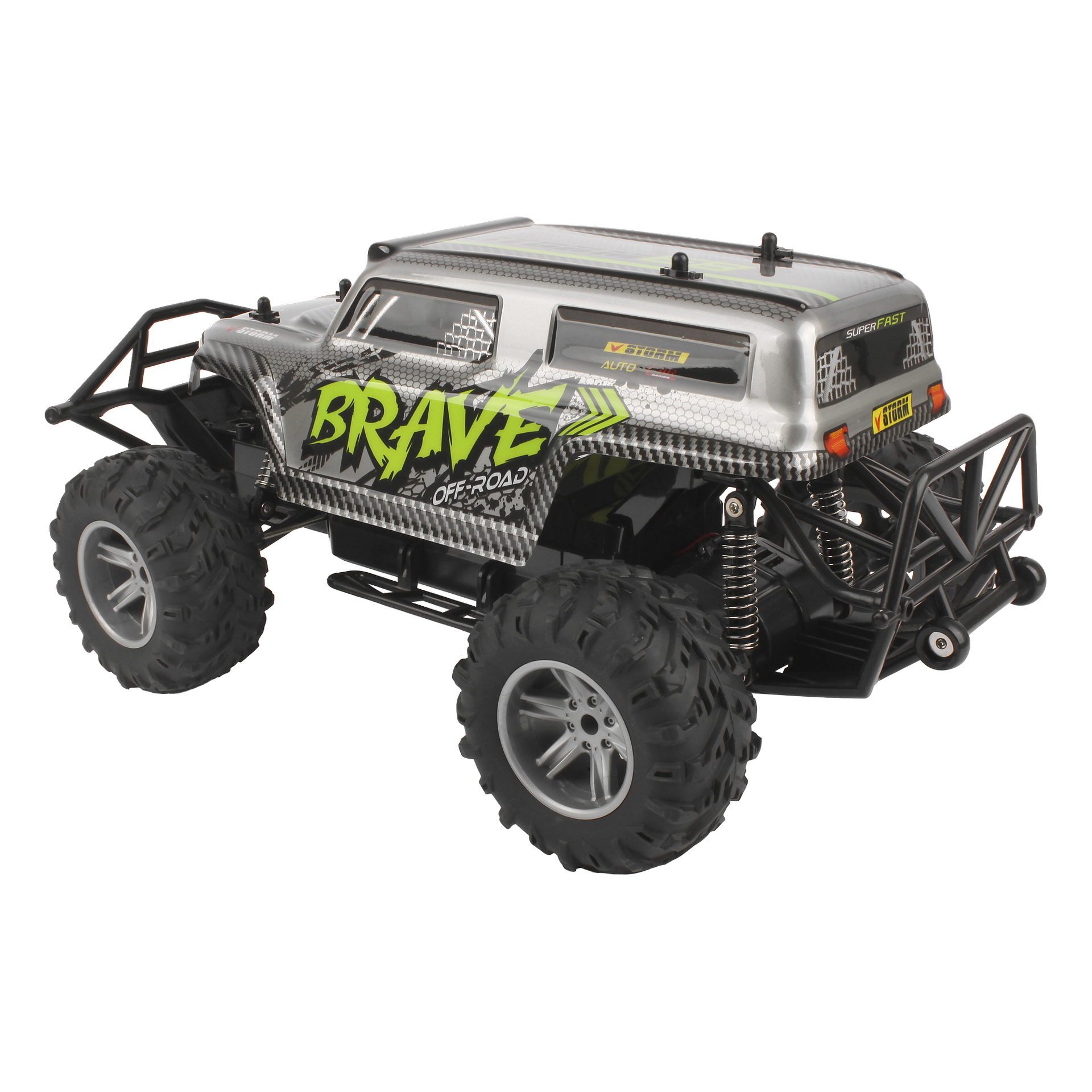 Harmaa ja musta RC-maastoauto, jossa on paksut renkaat, vihreällä sivulla "BRAVE" ja vahvistetut puskurit edessä ja takana.