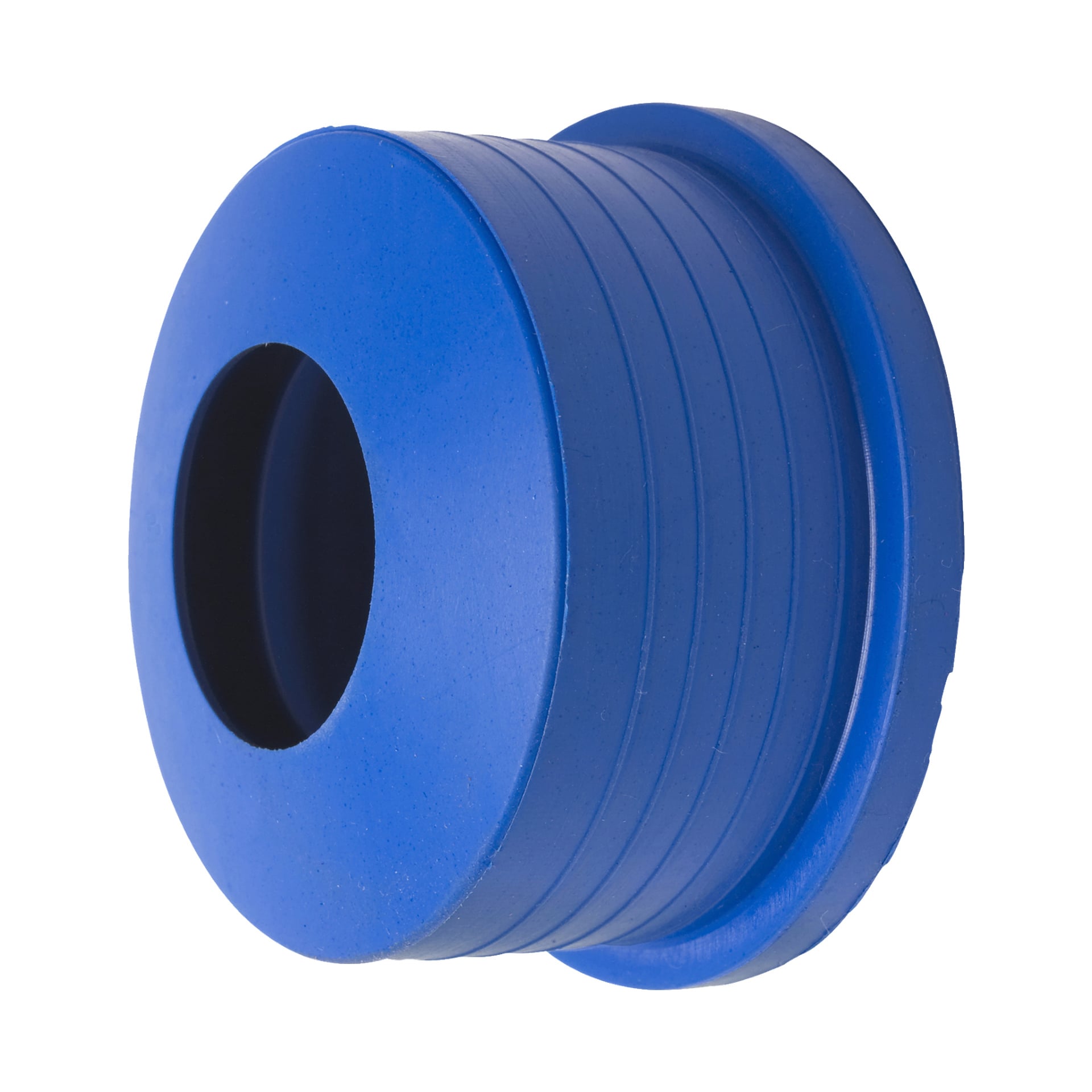En blå gumminippel av Gelia med cylindrisk form, bred bas, central rund öppning och horisontella spår jämnt fördelade längs sidorna.