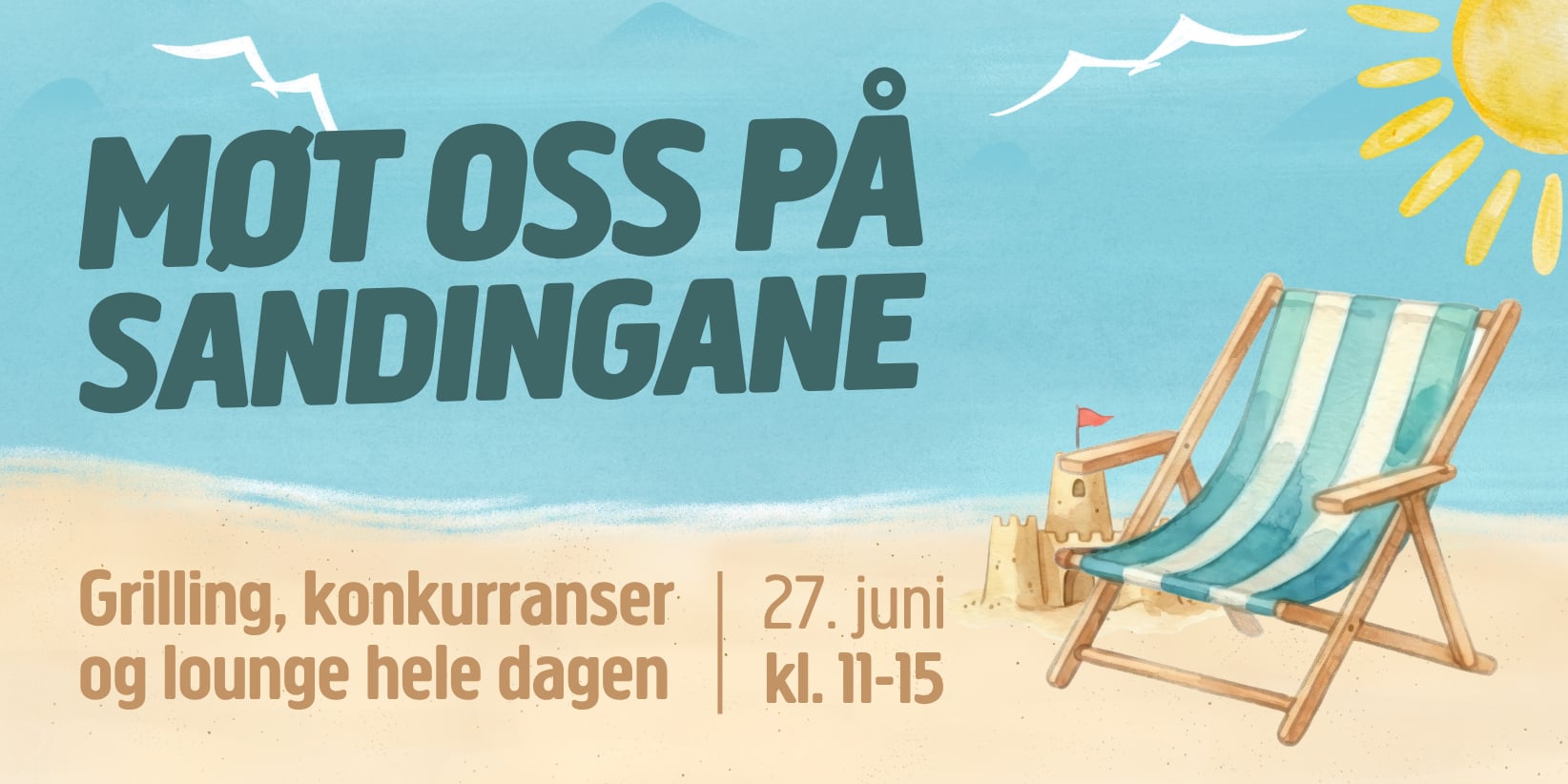 Illustrasjon av en strand med solstol, sandslott, hav og sol. Teksten inviterer til et arrangement 27. juni med grilling og lek, kl. 11–15.