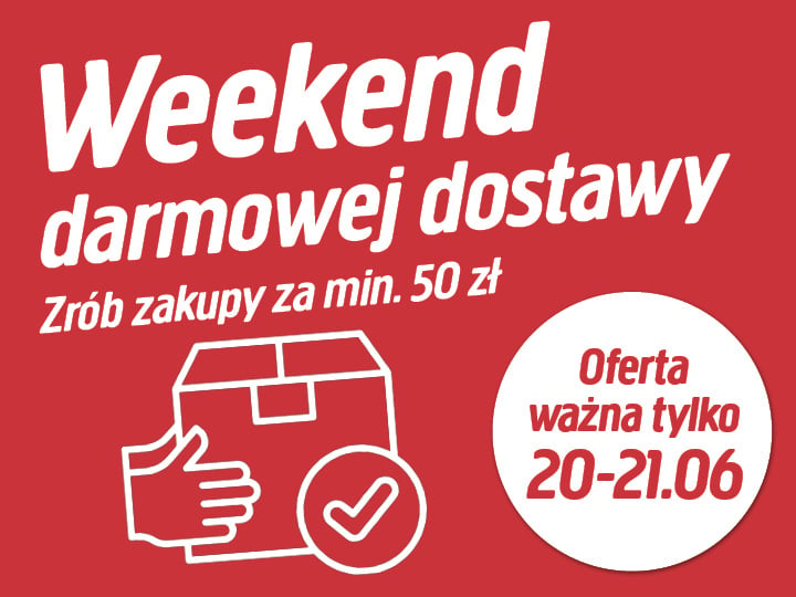 Czerwony baner informuje o bezpłatnej dostawie w weekend przy zamówieniach powyżej 50 zł, a na grafice widnieje dłoń trzymająca paczkę. Oferta ważna wyłącznie w dniach 20–21 czerwca.