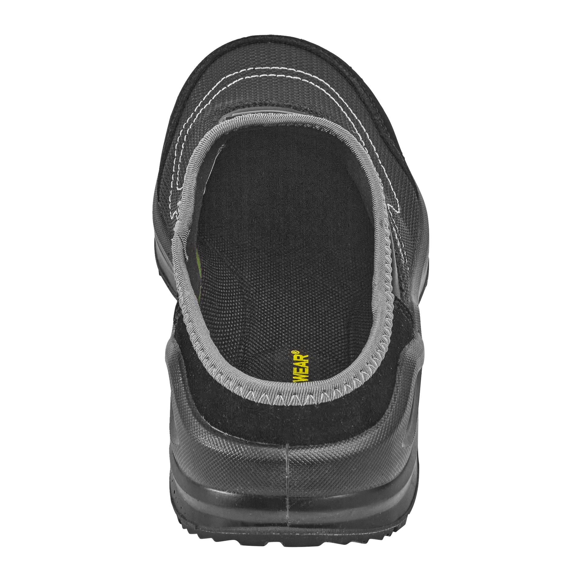 Et nærbilde av Bluewear Safety Shoes Tampa i svart og grått, med tydelig hvit søm og teksturert såle. Gul tekst er synlig på innsiden av hælen, og skoen ser ren ut.