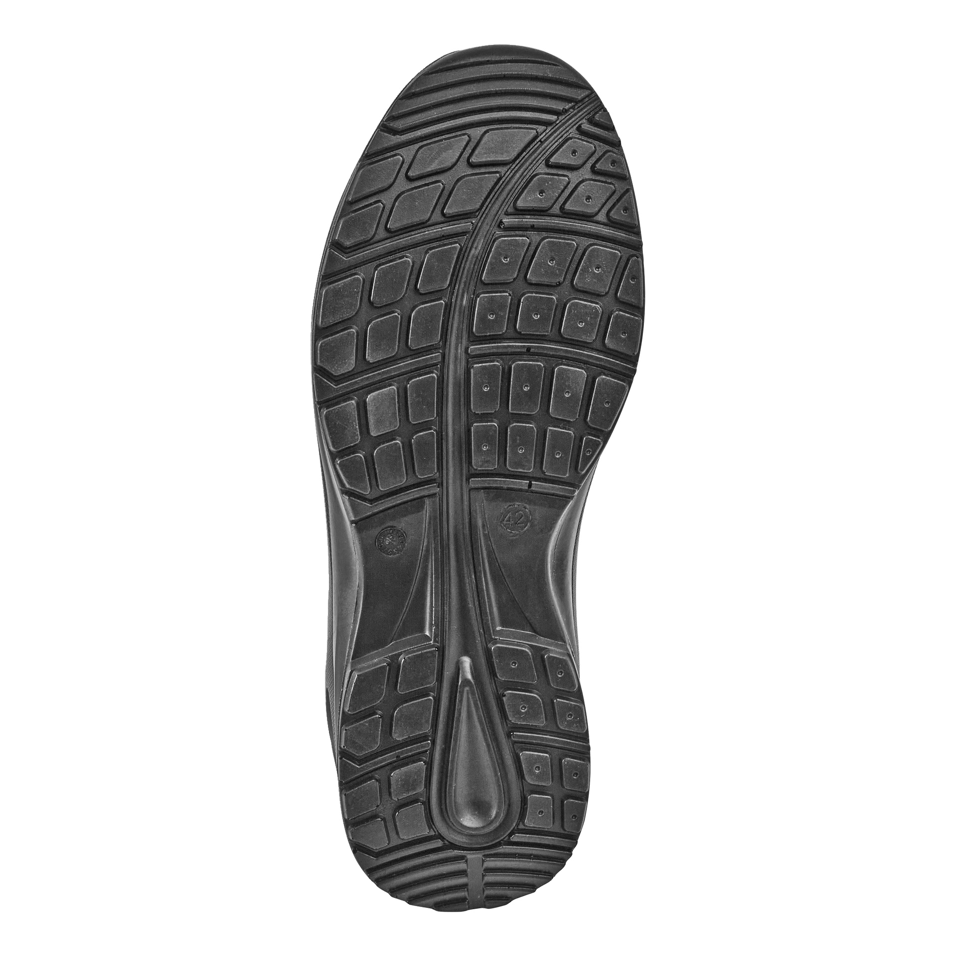 Nærbilde av den svarte gummisålen på Bluewear Safety Shoes Tampa, som fremhever et detaljert mønster med geometriske former designet for bedre grep. Markeringen i størrelse 42 kan sees nær midten.