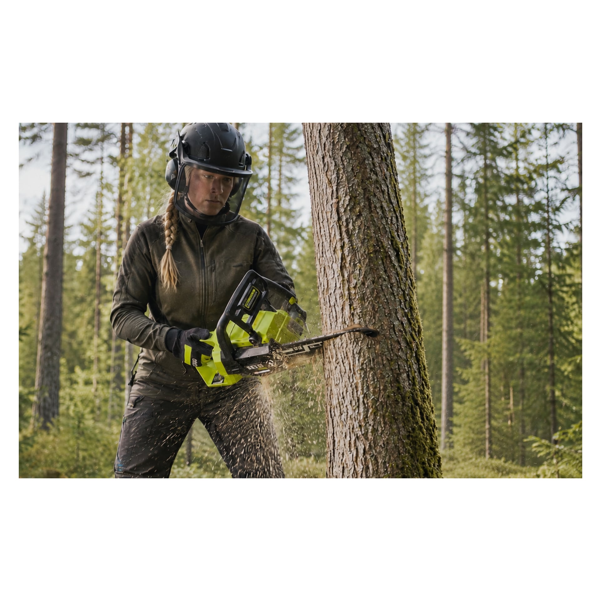 En person i säkerhetsutrustning använder en Ryobi Max Power batteridriven motorsåg RY36CSX40CN-0 för att såga igenom ett träd i ett skogsområde, medan träflisor sprids från skärningen.