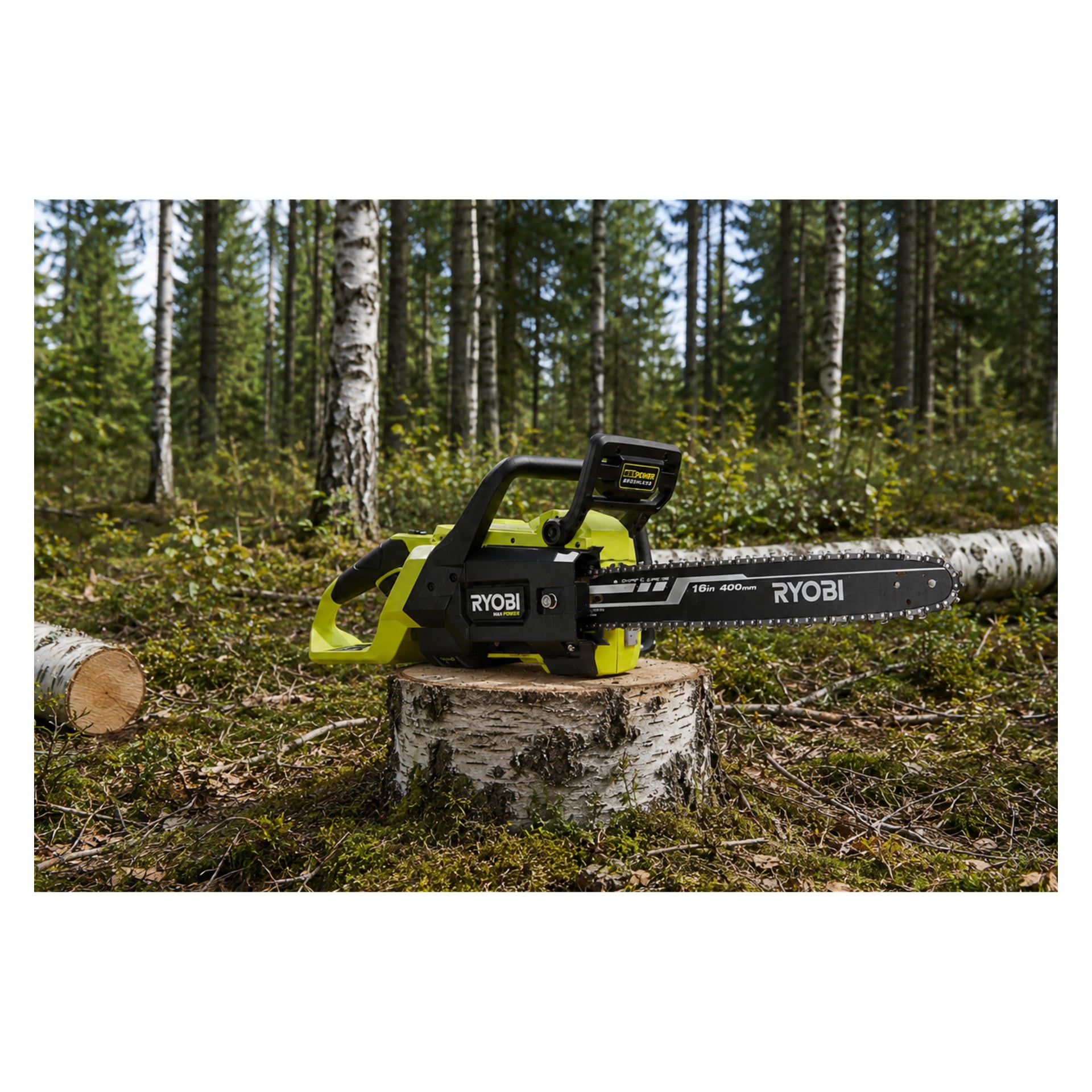 En Ryobi Max Power-batterimotorsåg RY36CSX40CN-0 står på en trädstubbe i en skogsglänta, omgiven av björkar och frodiga gröna växter.