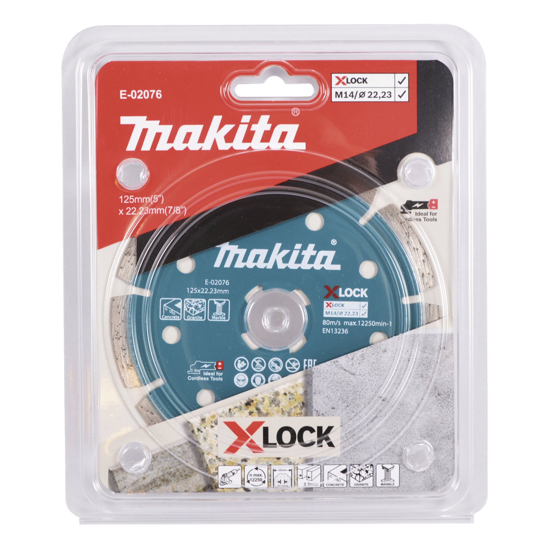 Tarcza Makita do diamentowego cięcia zaprojektowana do szlifierek kątowych z elementem X-Lock 125 mm jest zapakowana w plastikowe opakowanie, które podkreśla zastosowanie w betonie i kamieniu. Opakowanie zawiera szczegóły produktu, logotypy Makita oraz różne symbole bezpieczeństwa.