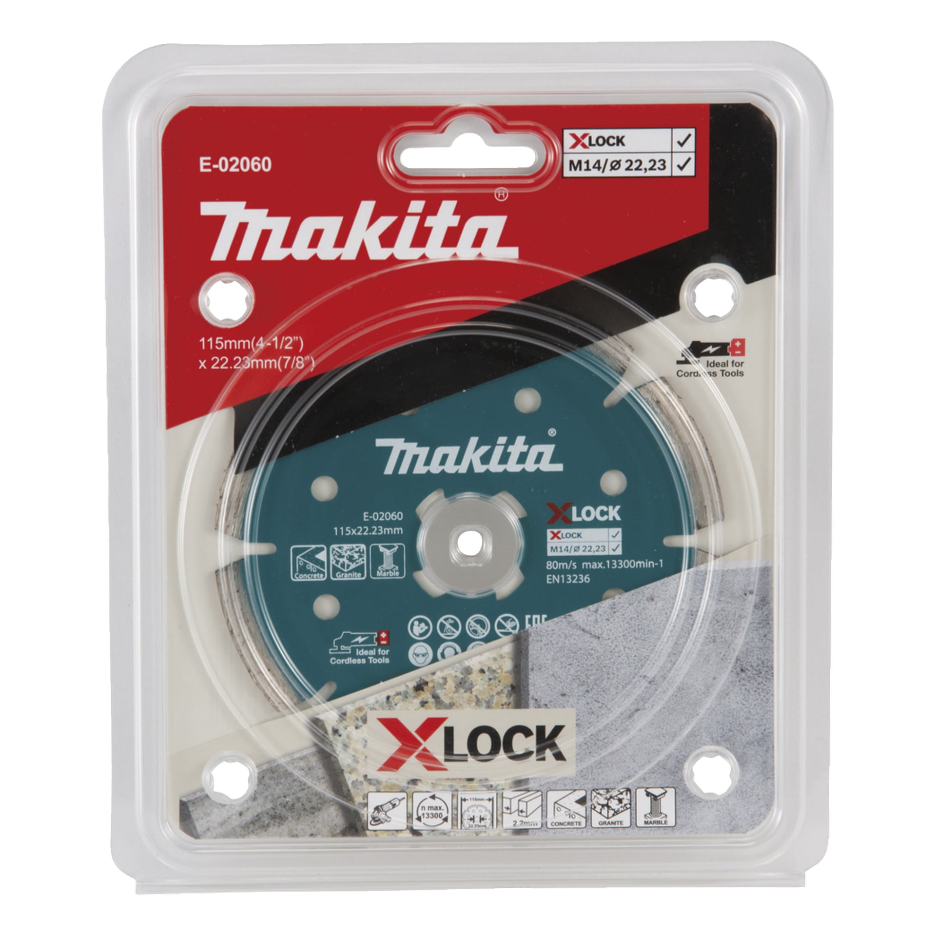 Tarcza tnąca Makita Diamond do szlifierki kątowej, o średnicy 115 mm i średnicy 22,23 mm, jest obudowana w przezroczystym plastikowym opakowaniu z białymi i czerwonymi akcentami. Na przedniej etykiecie wyraźnie widnieje szczegóły techniczne.
