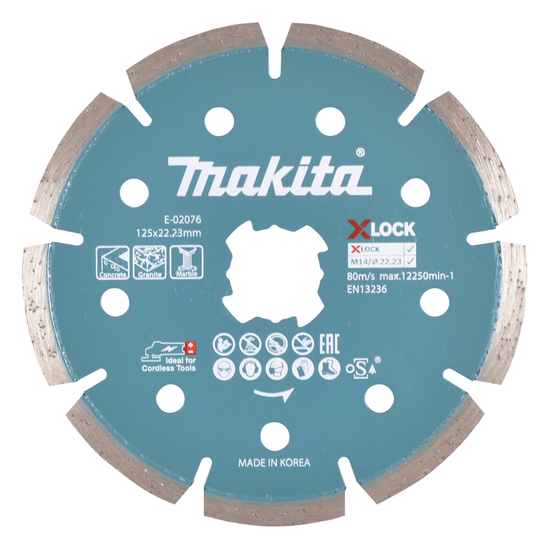 Niebieski diamentowy dysk tnący Makita do szlifierek kątowych, przeznaczony do użycia w betonie, granicie i kamieniu. Płyta ma wymiary 125 x 22,23 mm, ma segmentowane krawędzie i zawiera różne symbole bezpieczeństwa oraz certyfikatów. Na dole widnieje napis "Made in Korea".