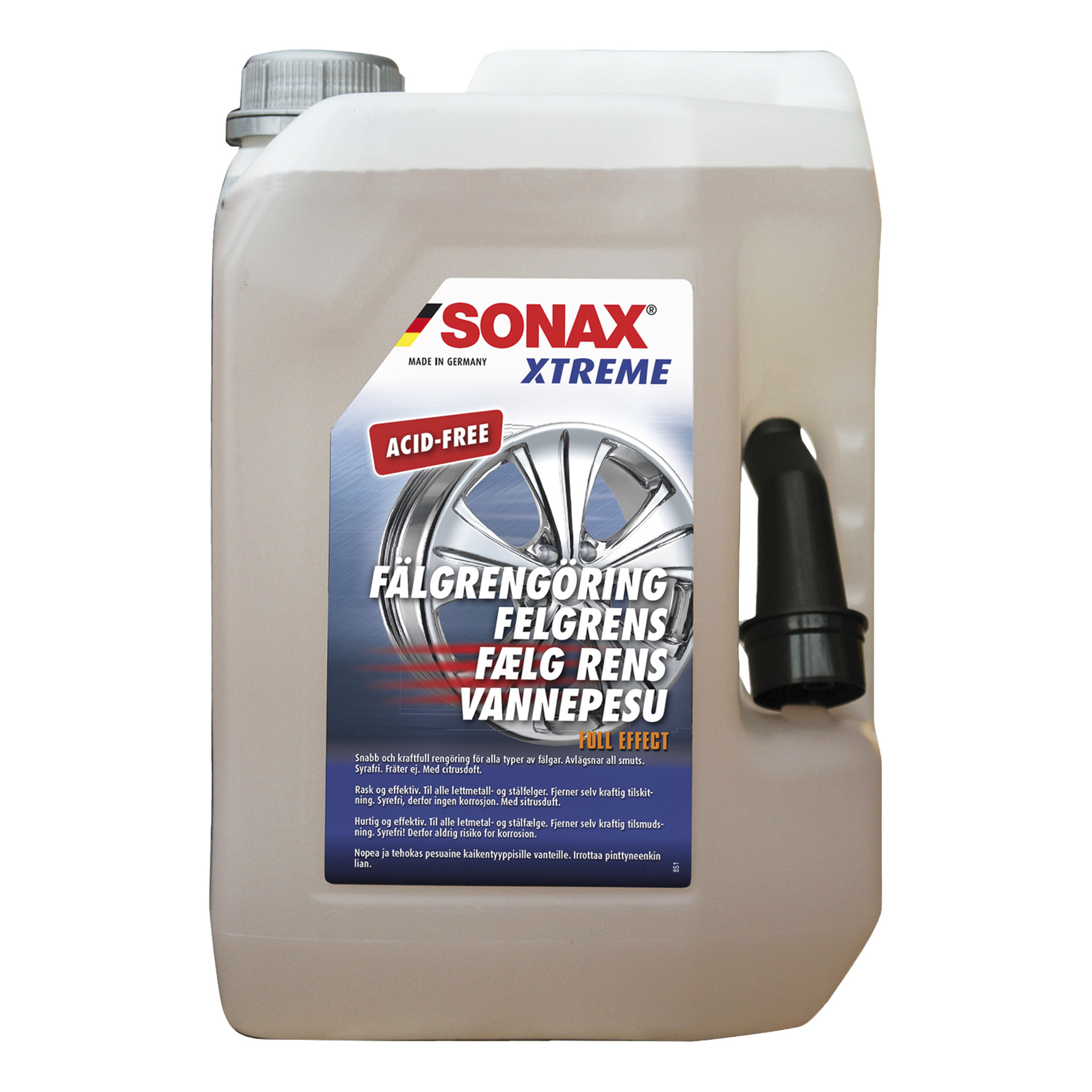 En 5-liters Sonax Rim Cleaner Xtreme-behållare med handtag, svart pip och en etikett som visade hjulgrafik och produktdetaljer. Etiketten framhåller att rengöringsmedlet är syrafritt och tillverkas i Tyskland.