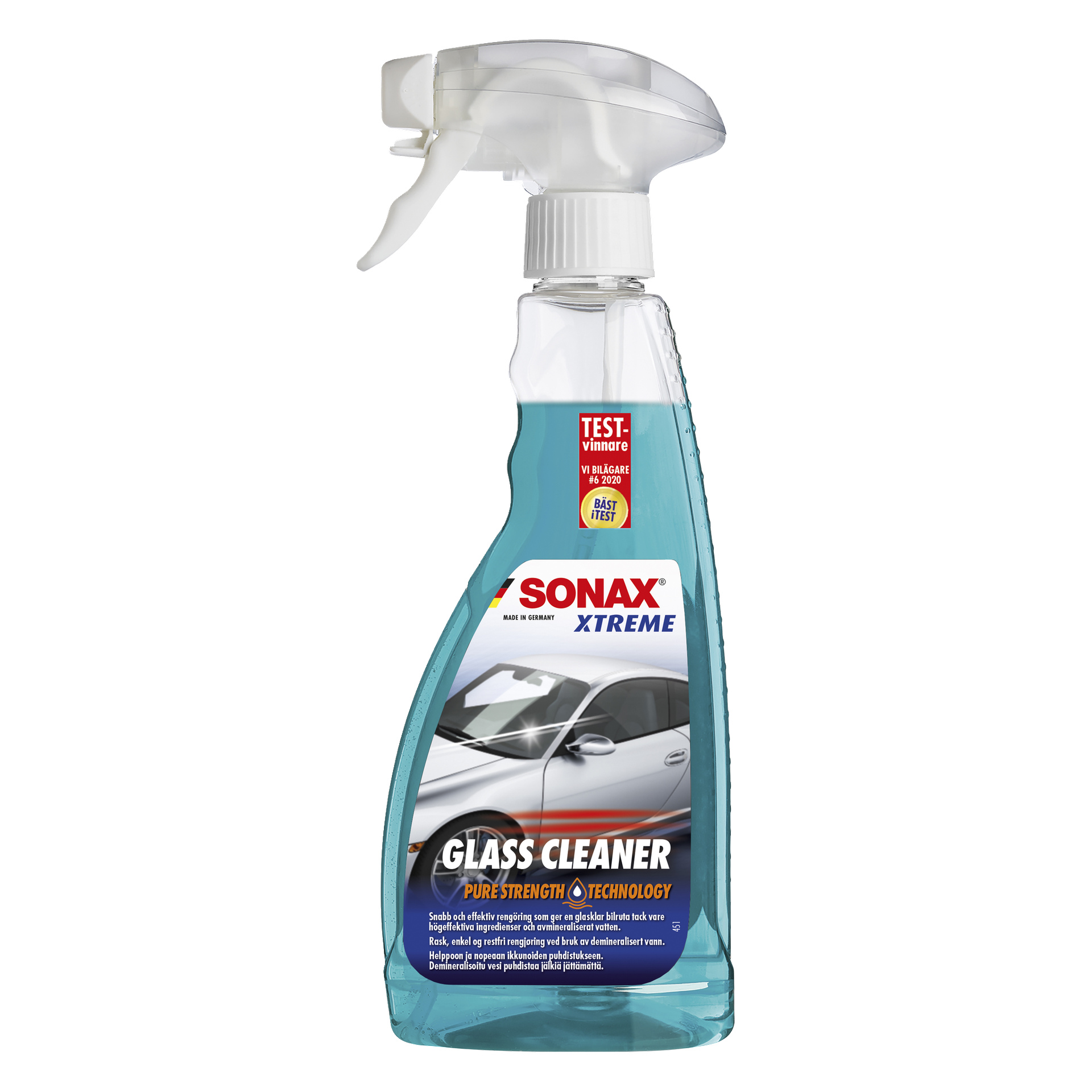 Kirkas suihkepullo Sonax Glass Cleaner Xtremeä, joka sisältää sinistä nestettä. Etiketissä näkyy autokuva ja tuotetiedot, ja pullossa on valkoinen liipaisinsuihkekorkki.