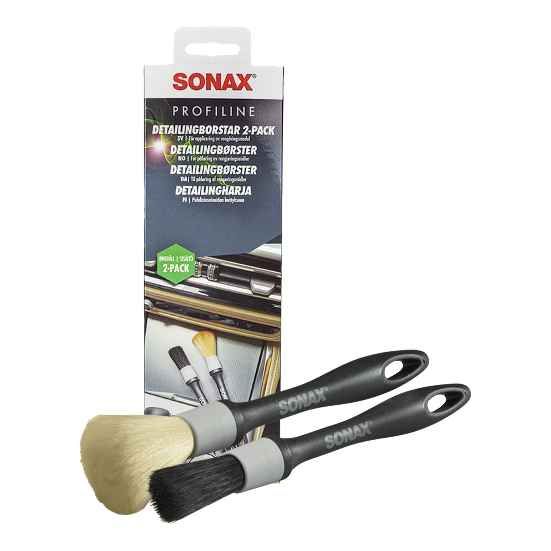 Två Sonax Deep Cleaning Brushes Profiline 2-pack med svarta handtag och ljusa och mörka borst placerade framför produktens förpackning.