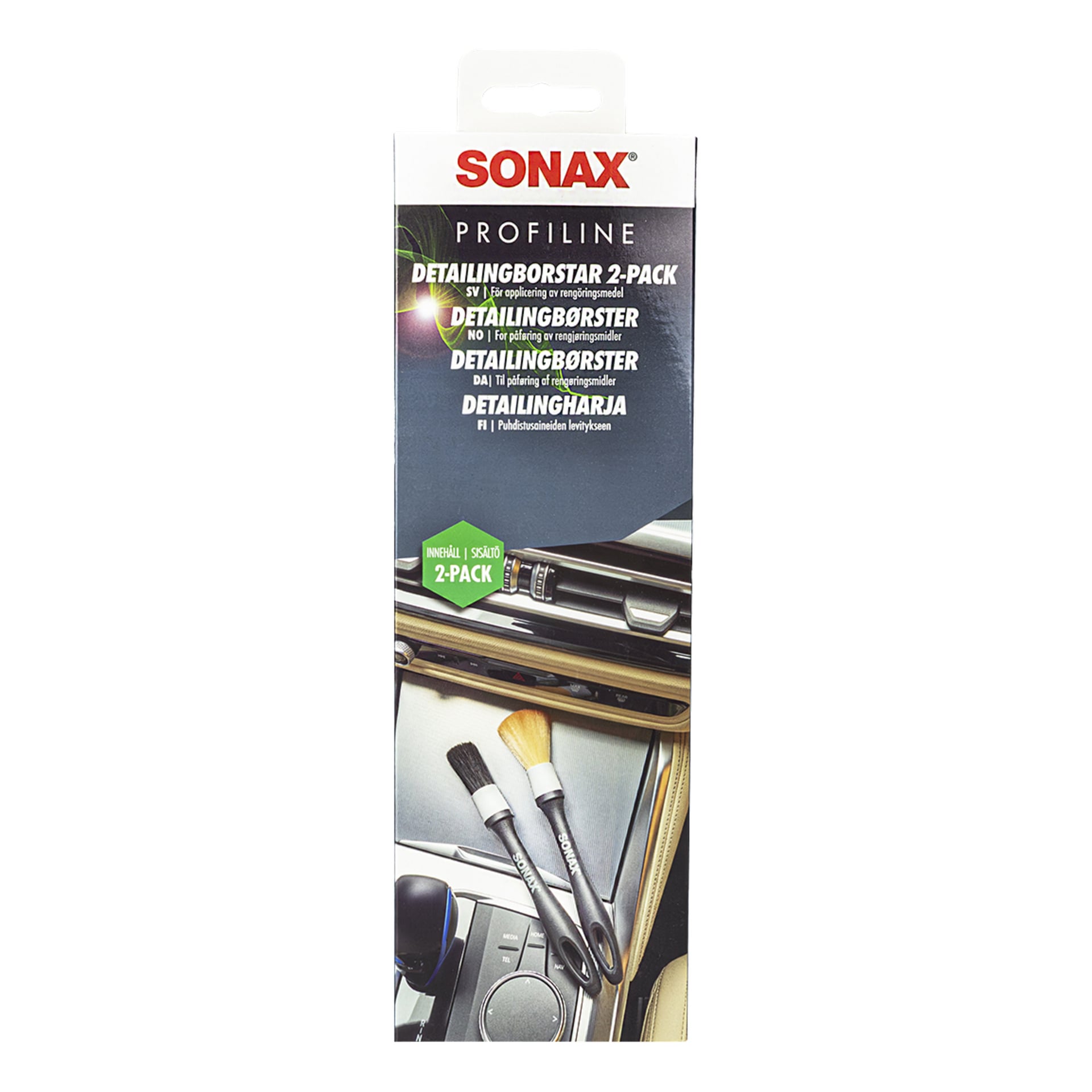 Laatikko, jossa lukee "Sonax Deep cleaning brushes Profiline 2 pack", jossa on kaksi yksityiskohtasivellintä kuvassa auton sisätiloissa. Pakkauksessa on tuotetiedot.