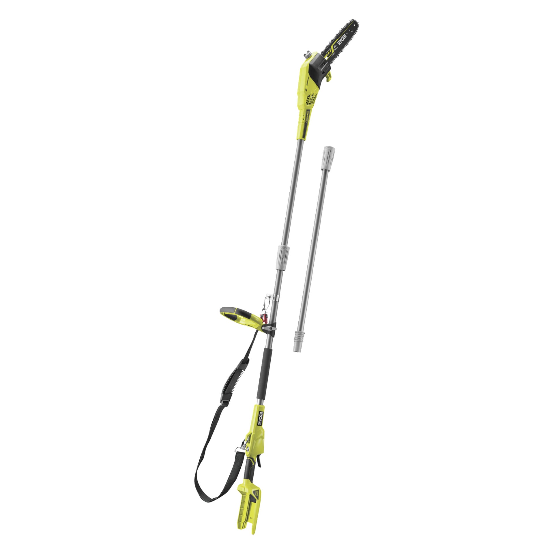 Ryobi Max Power zasilana akumulatorową piłą przycinanką z wydłużającym wałkiem RY36PP25A-0", wyposażoną w odczepiany wałek przedłużający, pasek na ramię oraz głowicę piły łańcuchowej.