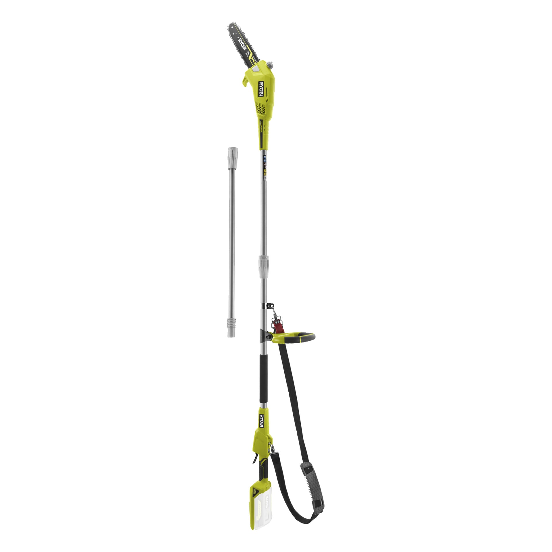 Ryobi Max Power zasilana akumulatorami piła do przycinania z wałkiem przedłużającym RY36PP25A-0", wyposażona w odłączany wałek przedłużający, regulowaną rączkę oraz pasek na ramię.