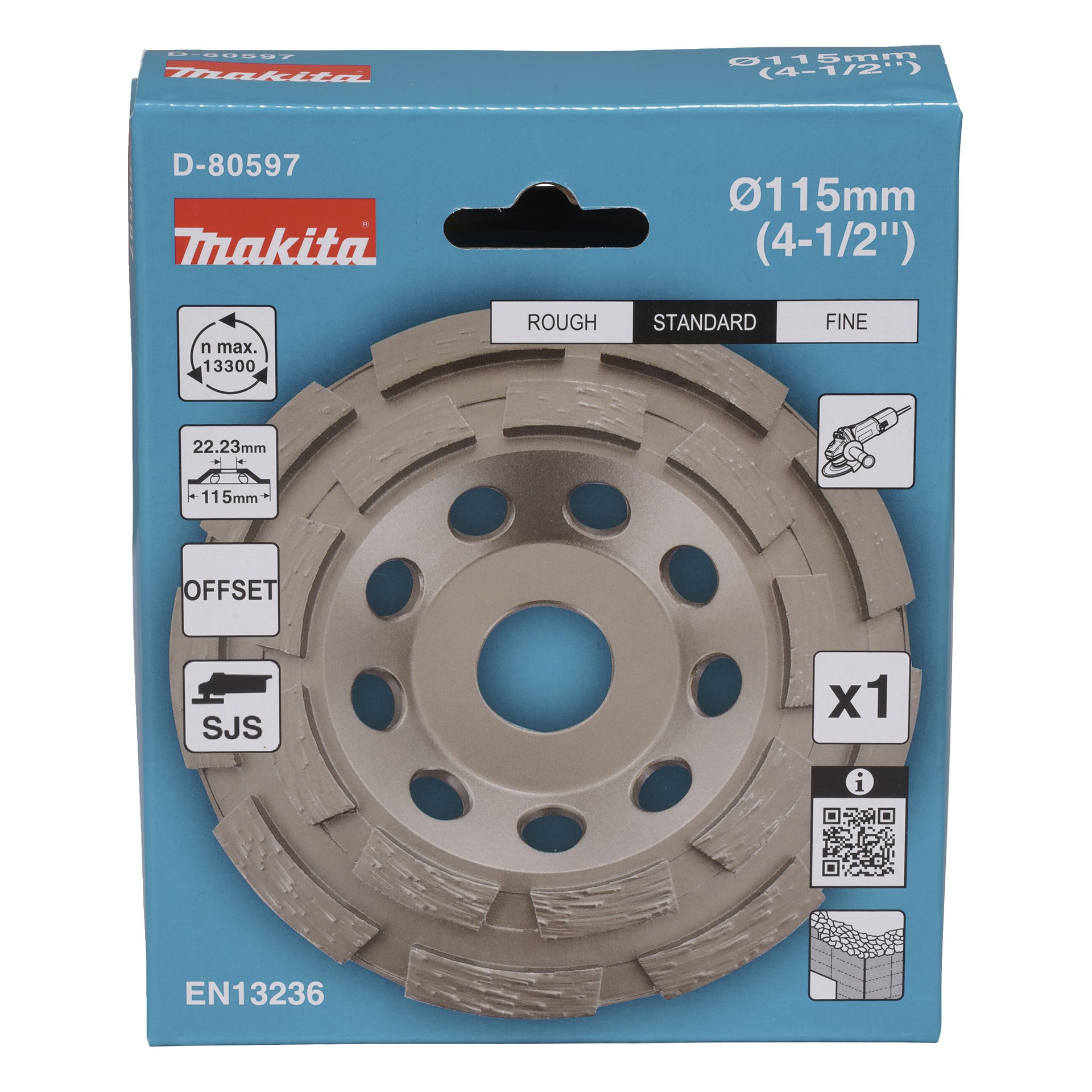 Eine blaue Makita-Box verfügt über eine segmentierte Diamantschleifscheibe mit der Bezeichnung 115 mm, geeignet für Roh-, Standard- und Feinzwecke. Die Verpackung zeigt Produktspezifikationen, Standards und ein illustriertes Diagramm des Rades.
