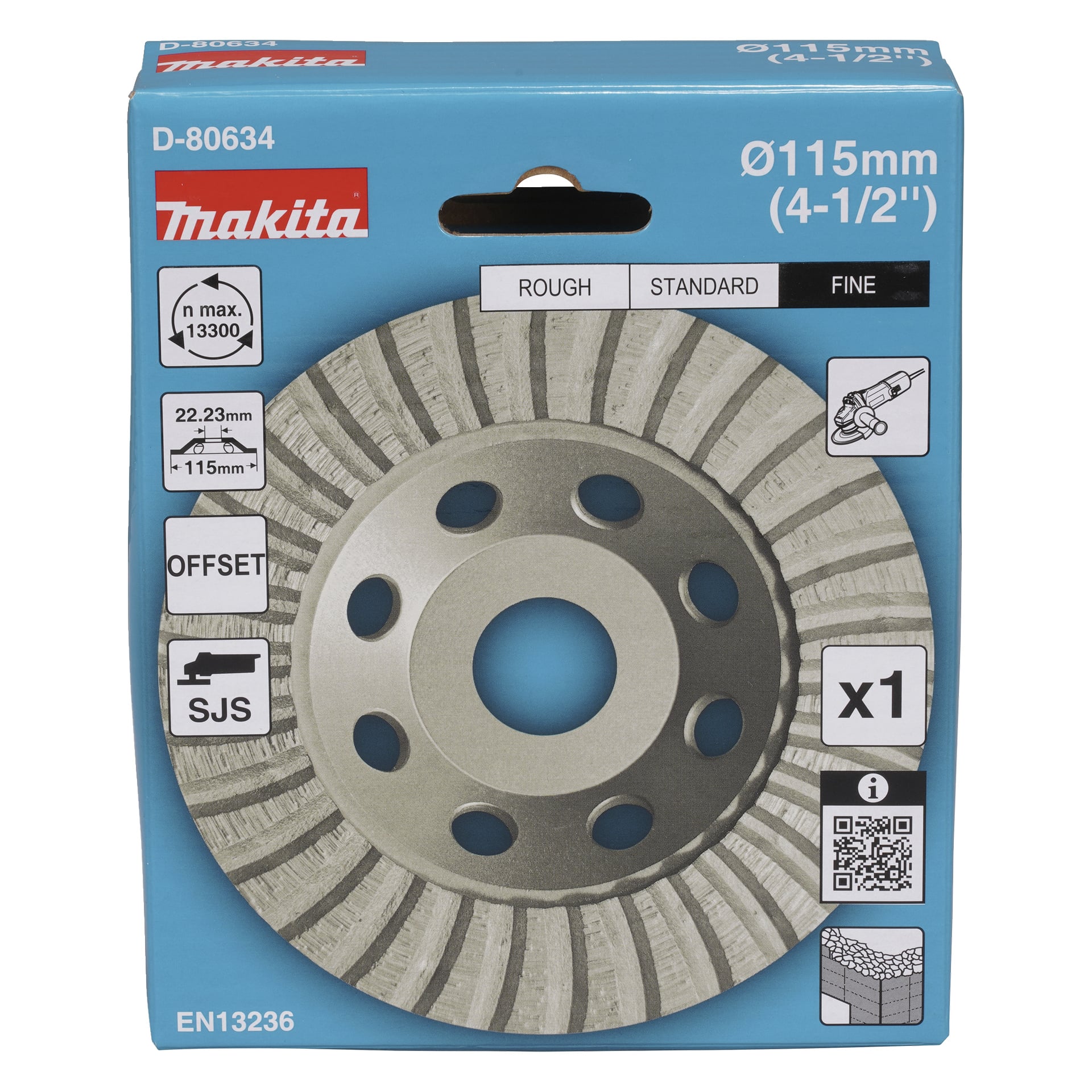 Makita Diamond Schleifrad in blauer Verpackung mit einem Bild der 115-mm-Scheibe, beschriftet für Roh-, Standard- und Feinverwendung. Die Informationen auf dem Etikett umfassen eine maximale Drehzahl von 13.300 U/min, Offset-Design, SJS-Technologie, EN13236-Zertifizierung und eine Abbildung eines Winkelschleifers. Ein Stück dabei.