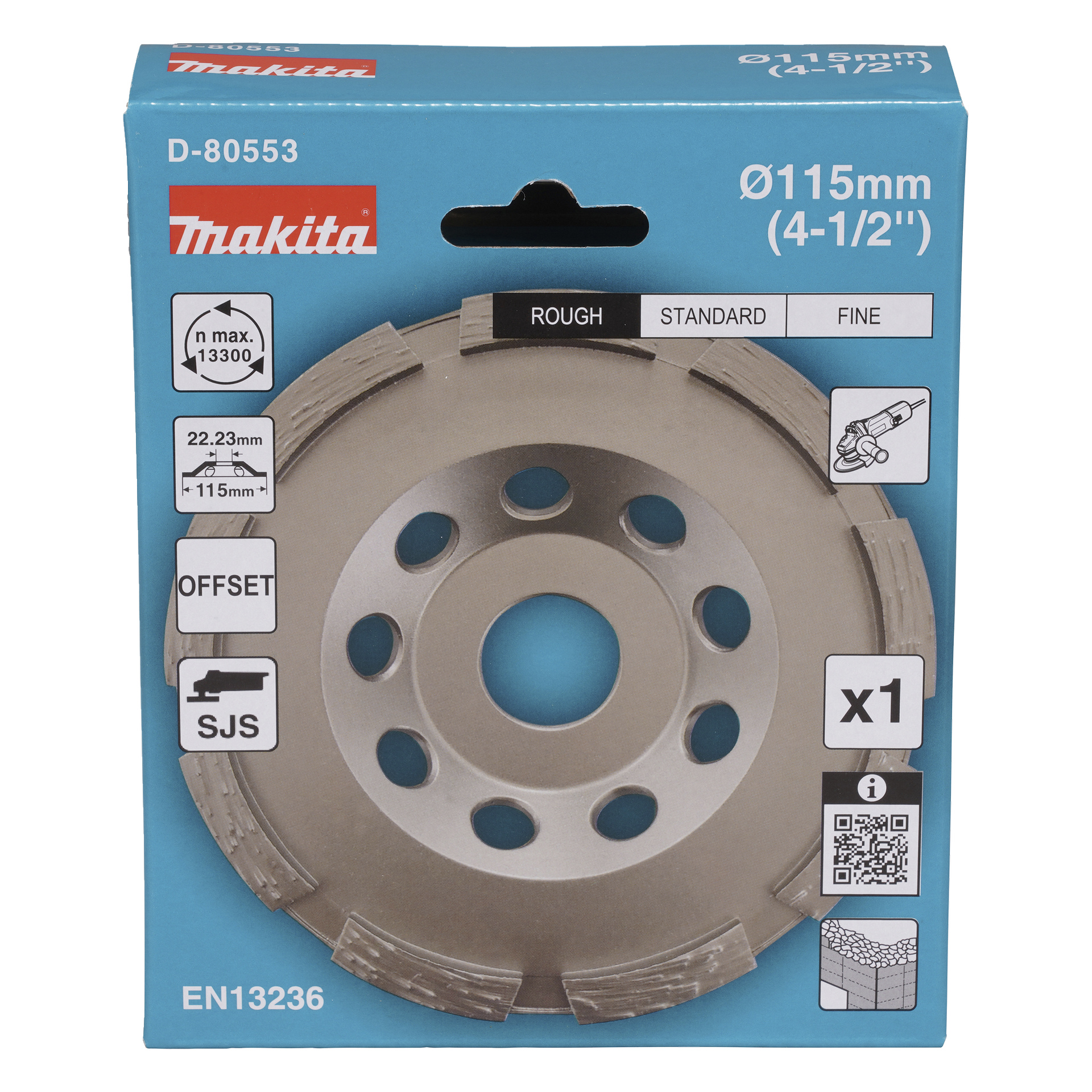 Eine blaue Makita-Box hält eine 115mm Diamantschleifscheibe. Auf der Vorderseite der Verpackung befinden sich Spezifikationen, Kompatibilitätssymbole und Produktcodes wie EN13236, was darauf hinweist, dass sie für Mühlen konzipiert ist.