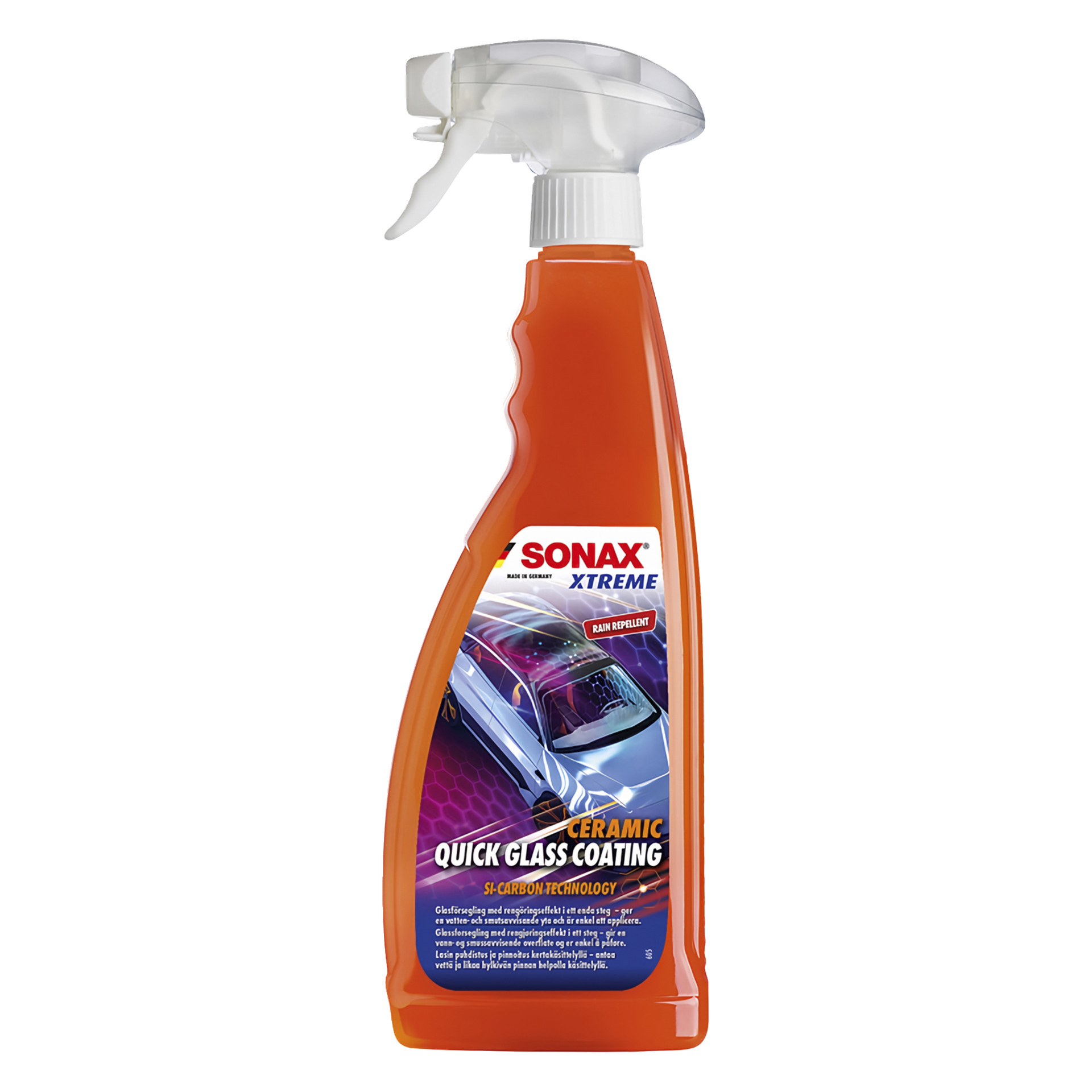 Oranssi suihkepullo valkoisella liipaisimella, merkitty Sonax Ceramic Xtreme Quick Glass Coating. Etiketissä on Sonax-brändi, kuva autosta ja tuotetiedot.