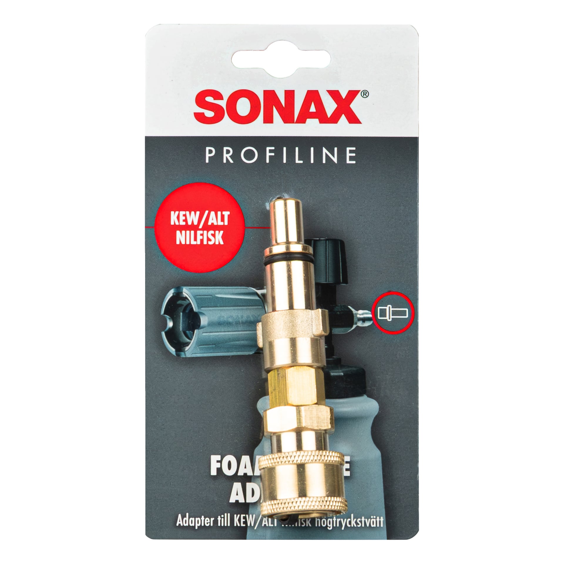 Sonax-adapteri KEW/ALT Nilfisk-vaahtosuuttimen profiilille on esillä läpinäkyvässä pakkauksessa, jossa on SONAX-logo, ja siinä on tulostettu tiedot sen yhteensopivuudesta KEW/ALT- ja Nilfisk-painepesurien kanssa. Paketin oikealla puolella on pieni kuva adapterista.