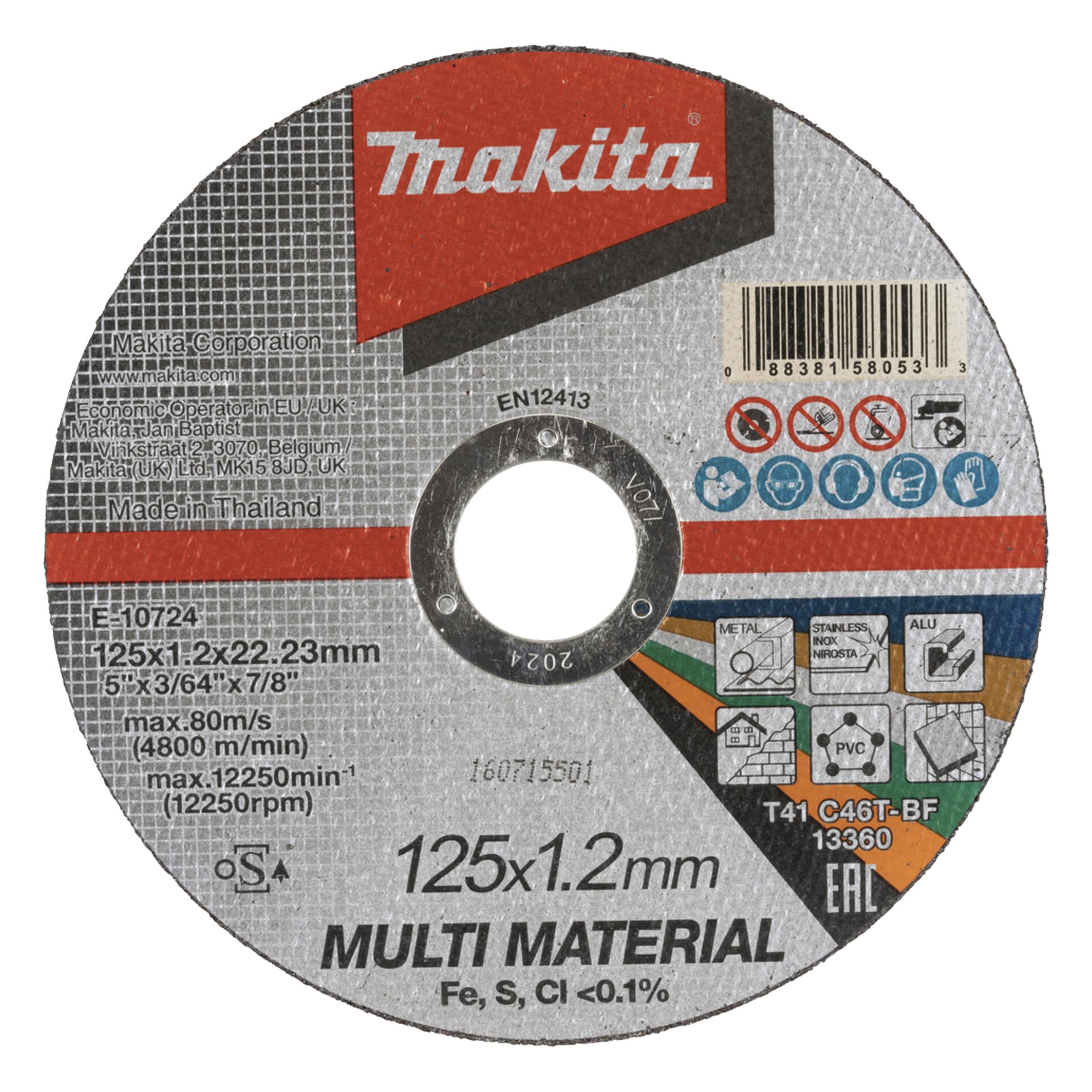 Tarcza odcinająca Makita E-10724 do szlifierek kątowych, 125x1,2x22,23mm, maksymalnie 80m/s (12250m⁻¹), szary etykiet z ikonami bezpieczeństwa.