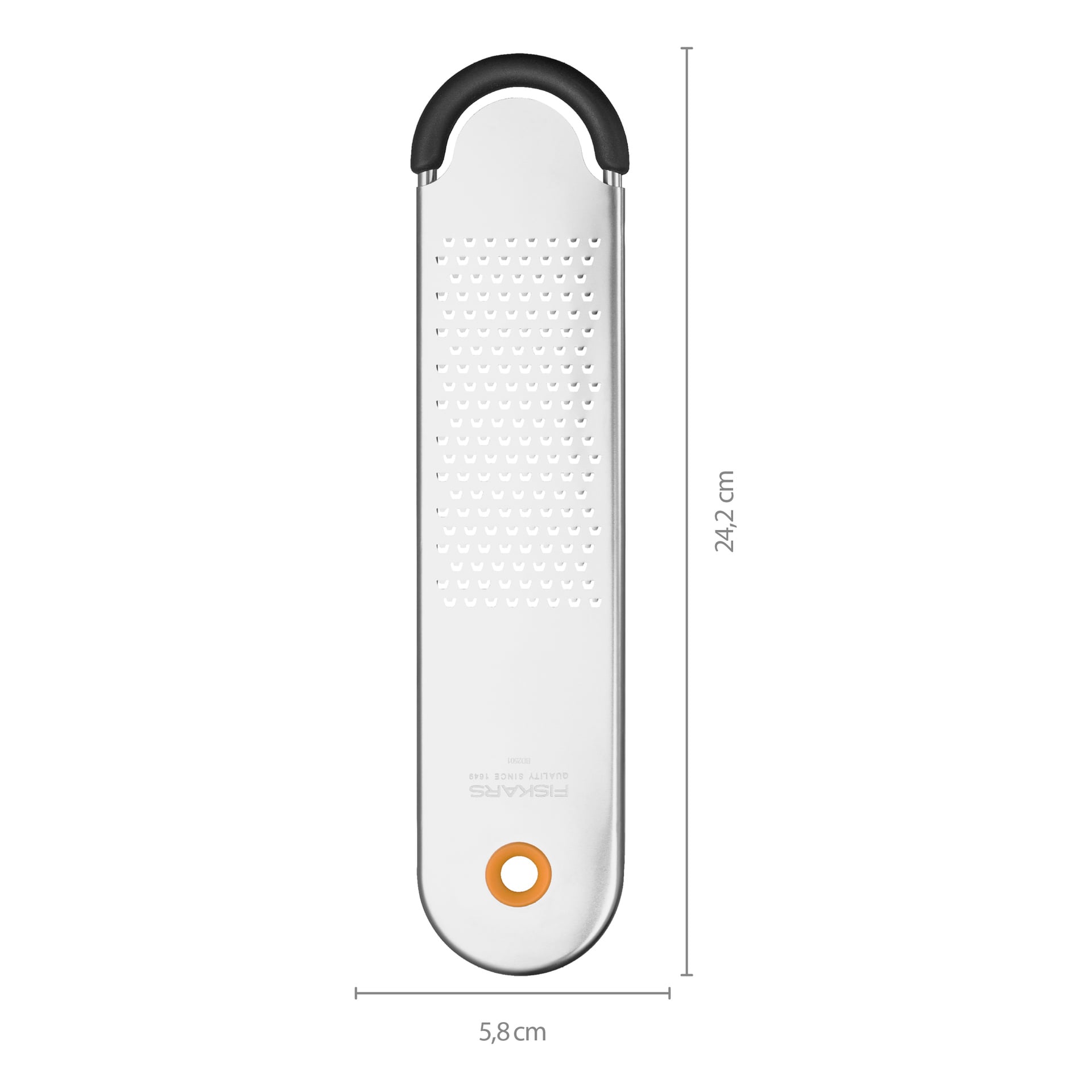 Fiskars Extra Fine Grater Functional Form ma ostrze ze stali nierdzewnej i czarną rękojeść z pomarańczowym akcentem, mierząc 24,2 cm długości i 5,8 cm szerokości.