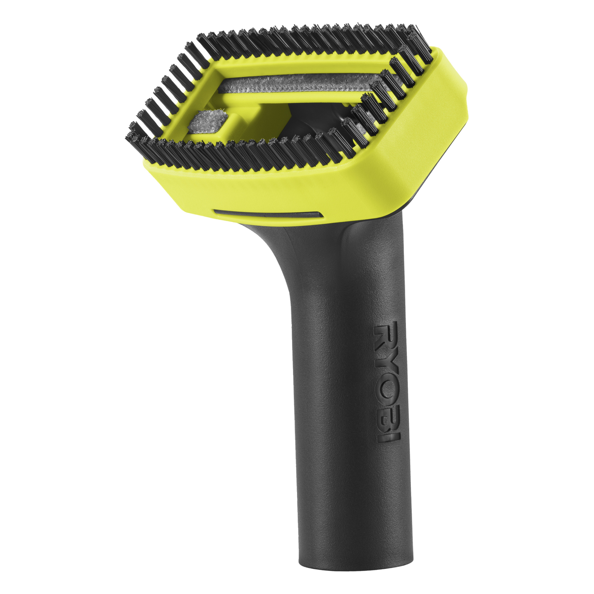 Et gult og svart Ryobi One+ RAV 1805-0 bilstøvsugertilbehør har et batteridrevet design, et rektangulært børstehode omgitt av børster, og et håndtak med teksturert grep.
