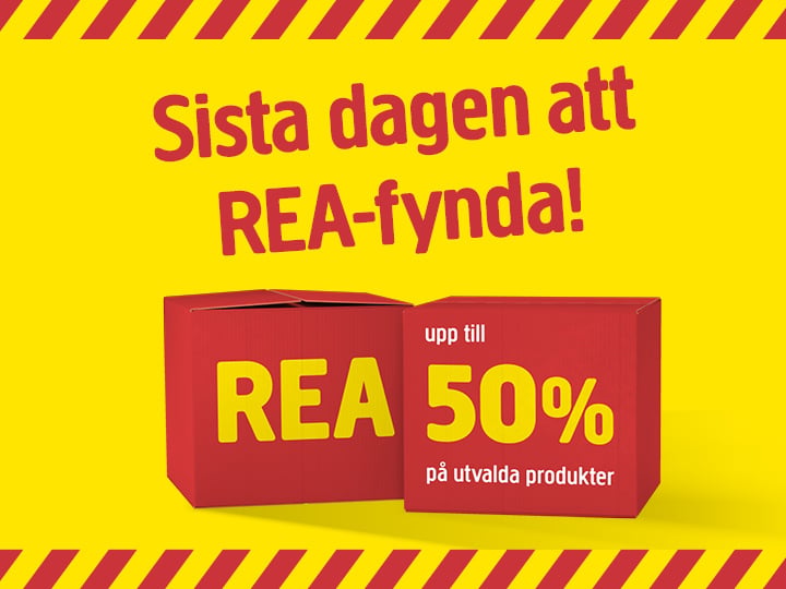 Gul bakgrund med kraftiga röda diagonala ränder som ramar in över- och underkanten. Texten anger att det är sista dagen för rea-erbjudanden, med upp till 50 % rabatt på utvalda varor, vilket visas bredvid två röda rutor.