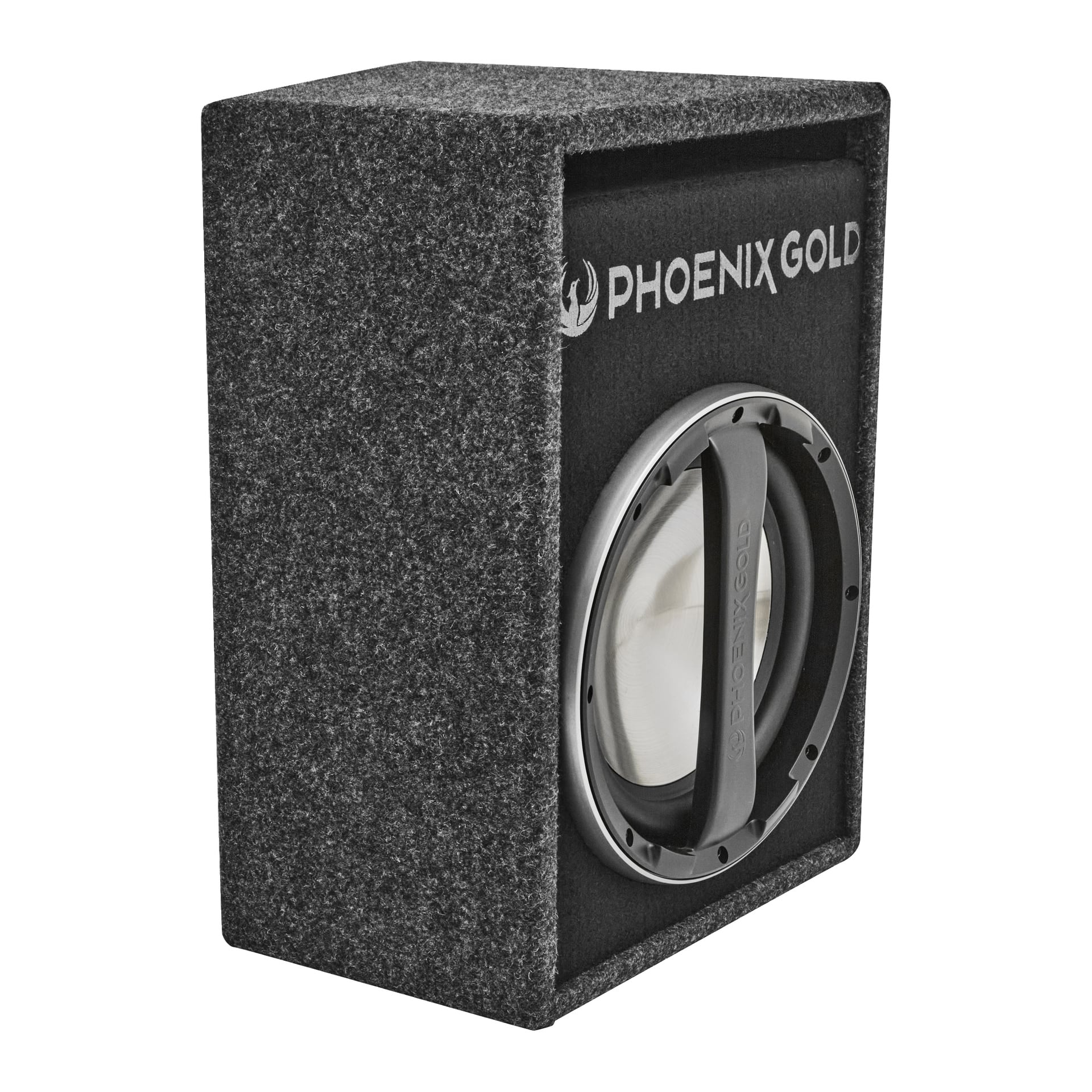 Phoenix Gold Z112ABV2 subwoofer suorakaiteen muotoisessa, matolla päällystetyssä laatikossa on pyöreä etukaiutin, hopeinen etusäleikkö ja logo.