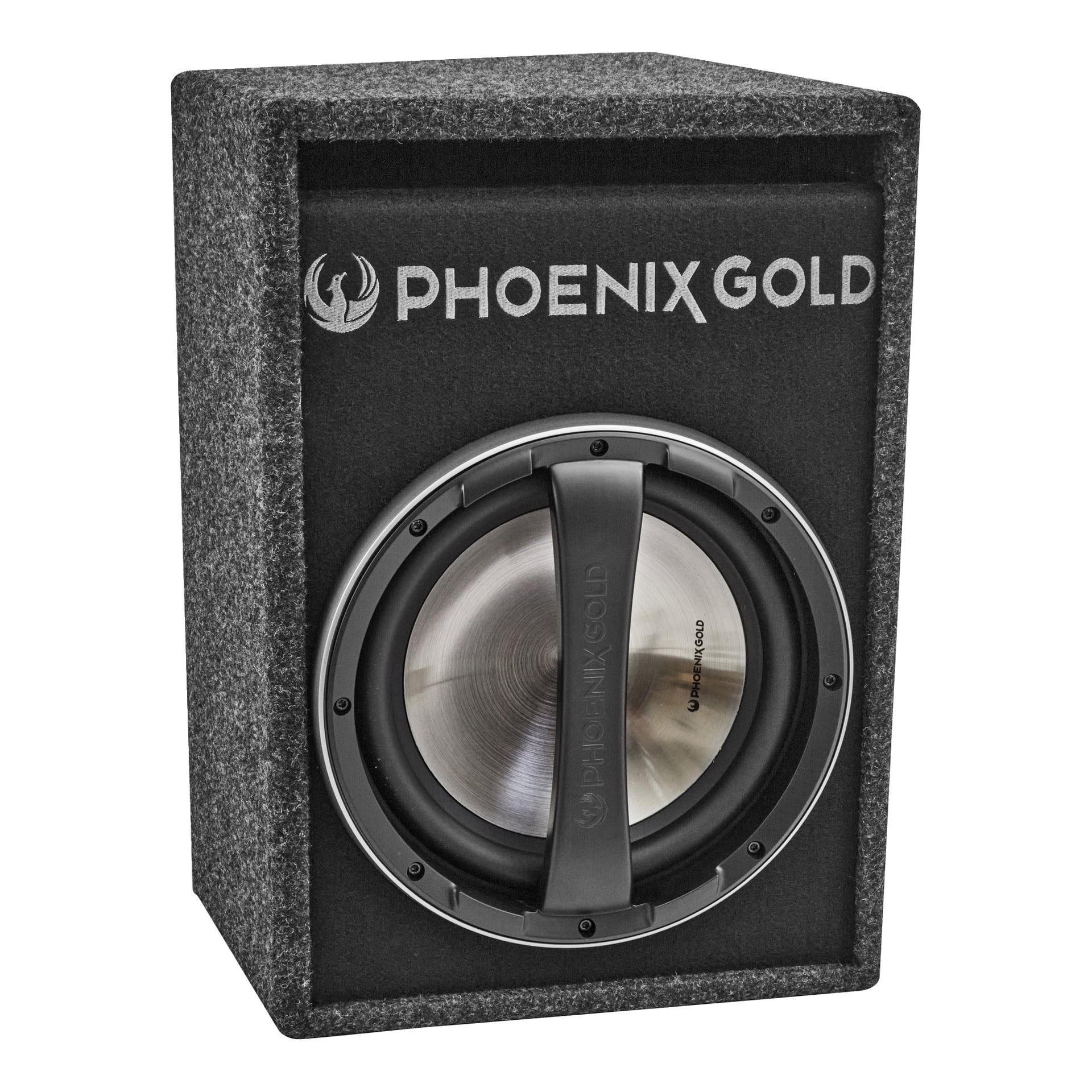 Phoenix Gold Z112ABV2 -subwooferissa on musta suorakaiteen muotoinen laatikko, jossa on harmaa etuosa, ja suuri kaiutin mustan verkkosäleikön takana.