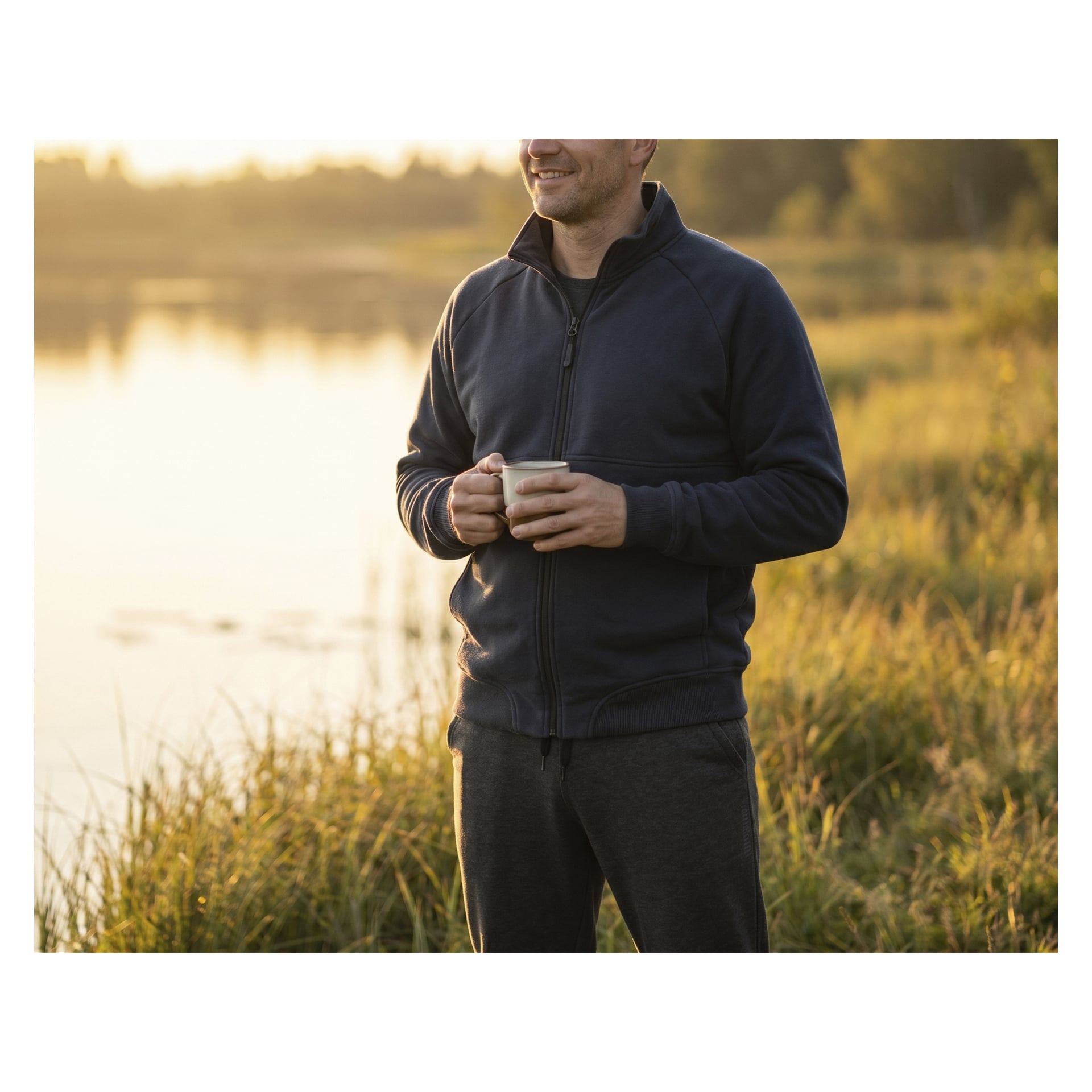 En person klädd i Bluewear Men's Atlas-tröjan är utomhus vid högt gräs och en vattenmassa, håller en mugg, med solljus som silas genom träden i bakgrunden.