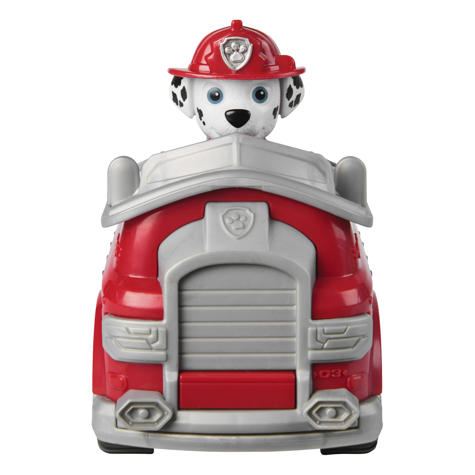 Paw Patrolin Marshall esiintyy tässä muovisessa paloautolelussa, jossa dalmatialainen pentu käyttää punaista palomiehen kypärää ja hänen päänsä kurkistaa ohjaamon yläpuolelta. Ajoneuvossa on pääosin punainen ja harmaa värimaailma, jossa on yksityiskohtaisia yksityiskohtia kauttaaltaan.