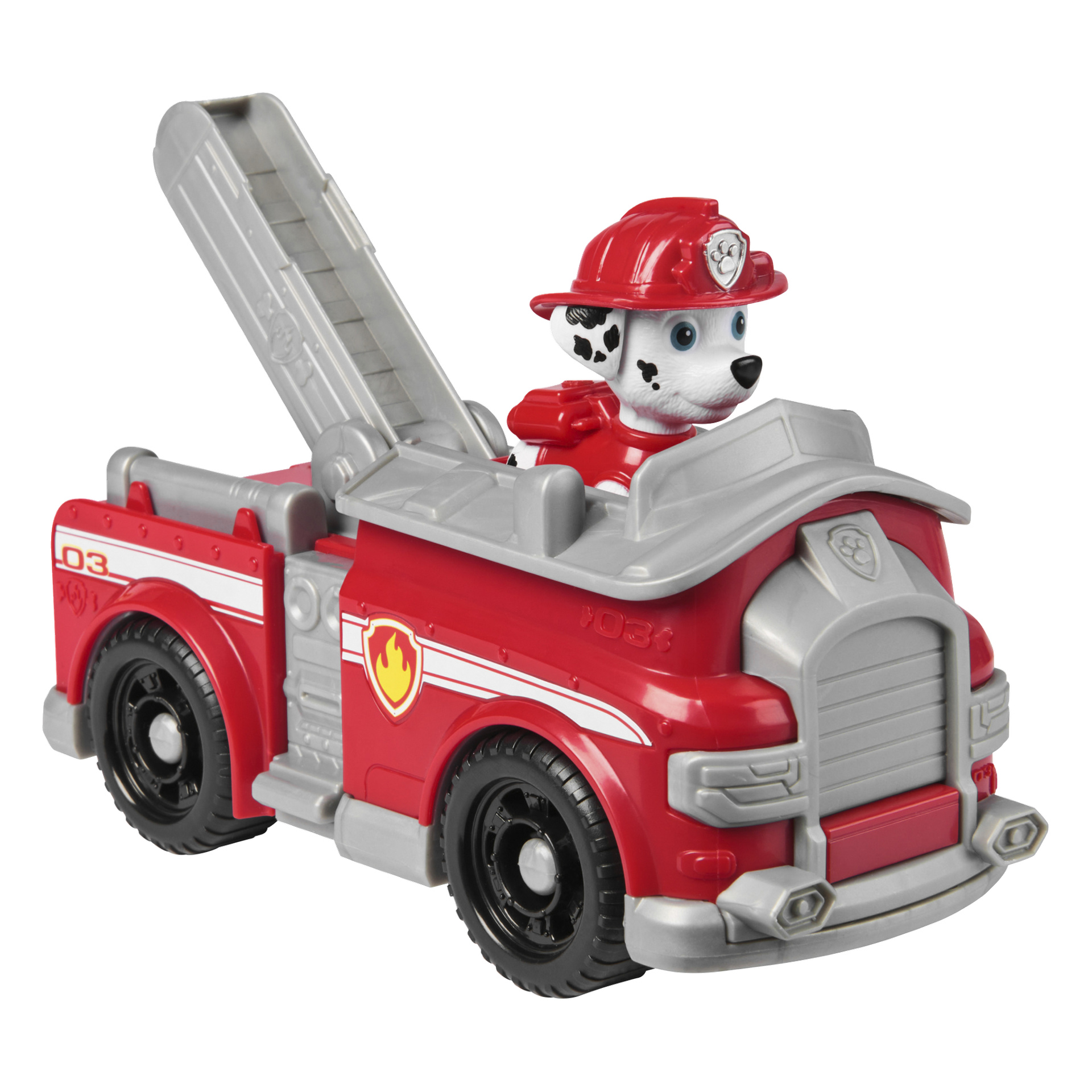 Paw Patrolin lelupaloauto, jossa Marshall, dalmatialainen pentu punaisessa palomiehen kypärissä, istuu kuljettajan paikalla. Auto on pääosin punainen, hopean ja valkoisen korostuksella. Merkki: Paw Patrol, Tuotenimi: Paw Patrol -leluauto Marshall.