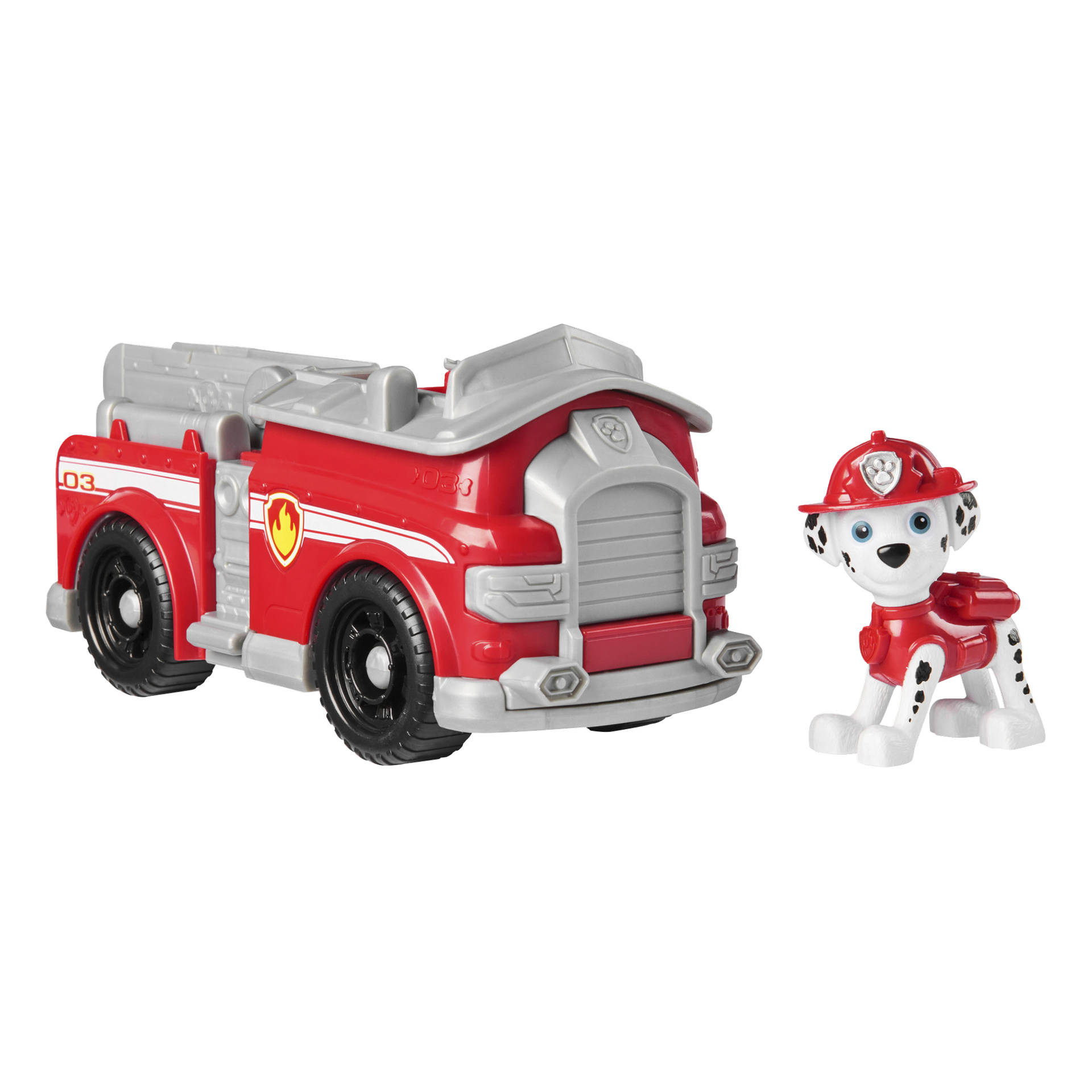 Punaharmaa Paw Patrol -leluauto, jossa on Marshall, on sijoitettu pienen muovisen dalmatialaisfiguurin viereen, joka on pukeutunut punaiseen palomiehen kypärään ja liiviin. Molemmat ovat Paw Patrol -leluja, jotka on suunniteltu lasten leikkikäyttöön.