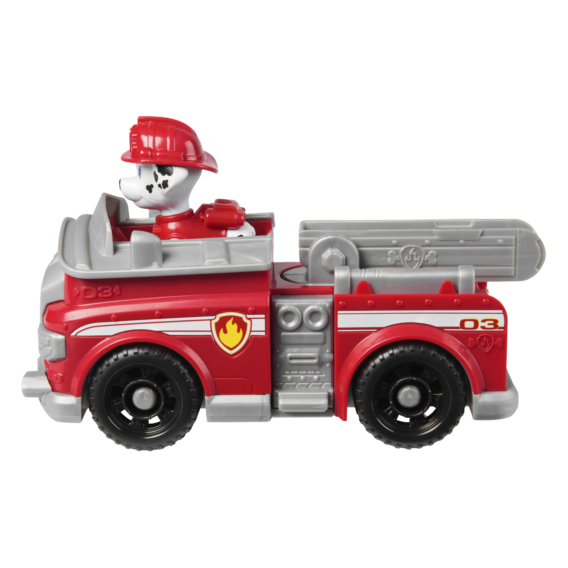 Tämä Paw Patrol -leluauto esittelee Marshallin punaharmaassa paloautossa. Pieni dalmatialainen hahmo, Marshall, istuu kuljettajan paikalla punainen palomiehen kypärä päässään. Kuorma-autossa on mustat pyörät, paloteemaiset tarrat sivuilla ja yksityiskohtaiset muovatut yksityiskohdat, jotka ovat tyypillisiä Paw Patrol -ajoneuvoille.
