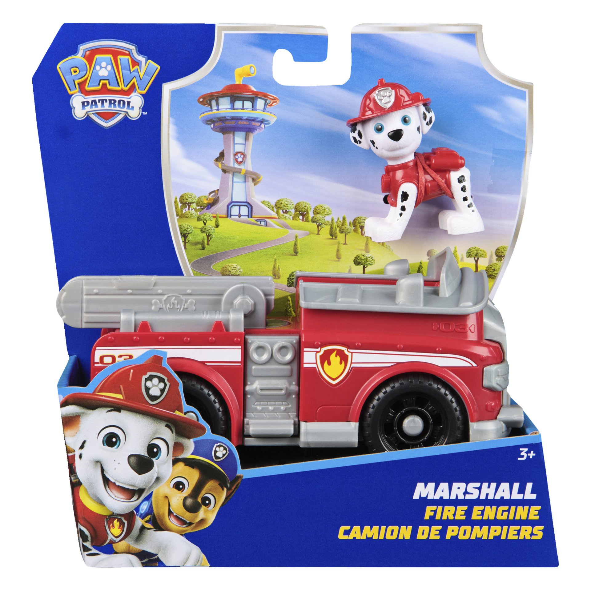 Paw Patrol Marshall -leluauto laatikossaan, jossa on kuvia Marshallista, Chasesta, paloauton lelusta ja kuvitus Marshallista seisomassa PAW Patrolin tähystystornin edessä. Pakkauksessa lukee Paw Patrol -leluauto Marshall ja Camion de Pompiers. Brändi on Paw Patrol.