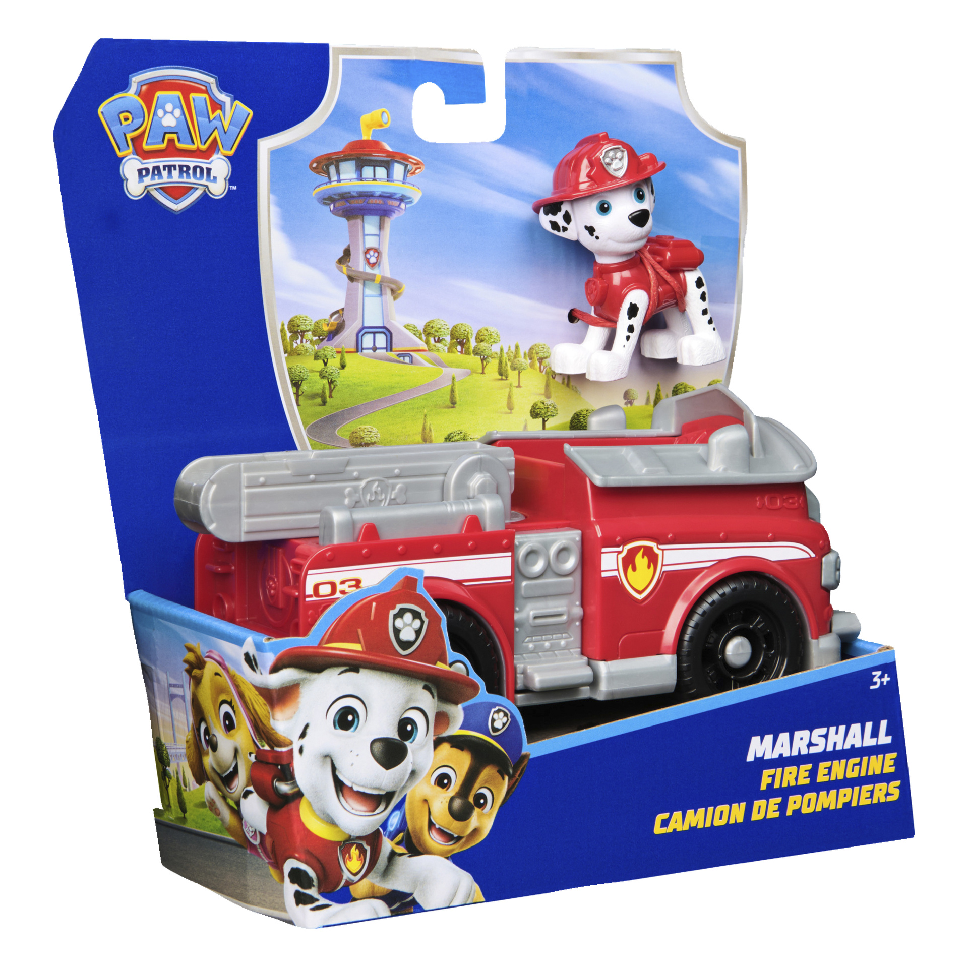 Paw Patrol Marshall -leluauto on esillä laatikossa, jossa on punainen paloauto ja pieni dalmatialainen koirahahmo, jolla on palomiehen kypärä. Pakkauksessa on PAW Patrol -logo ja se osoittaa soveltuvuuden 3-vuotiaille ja sitä vanhemmille lapsille.