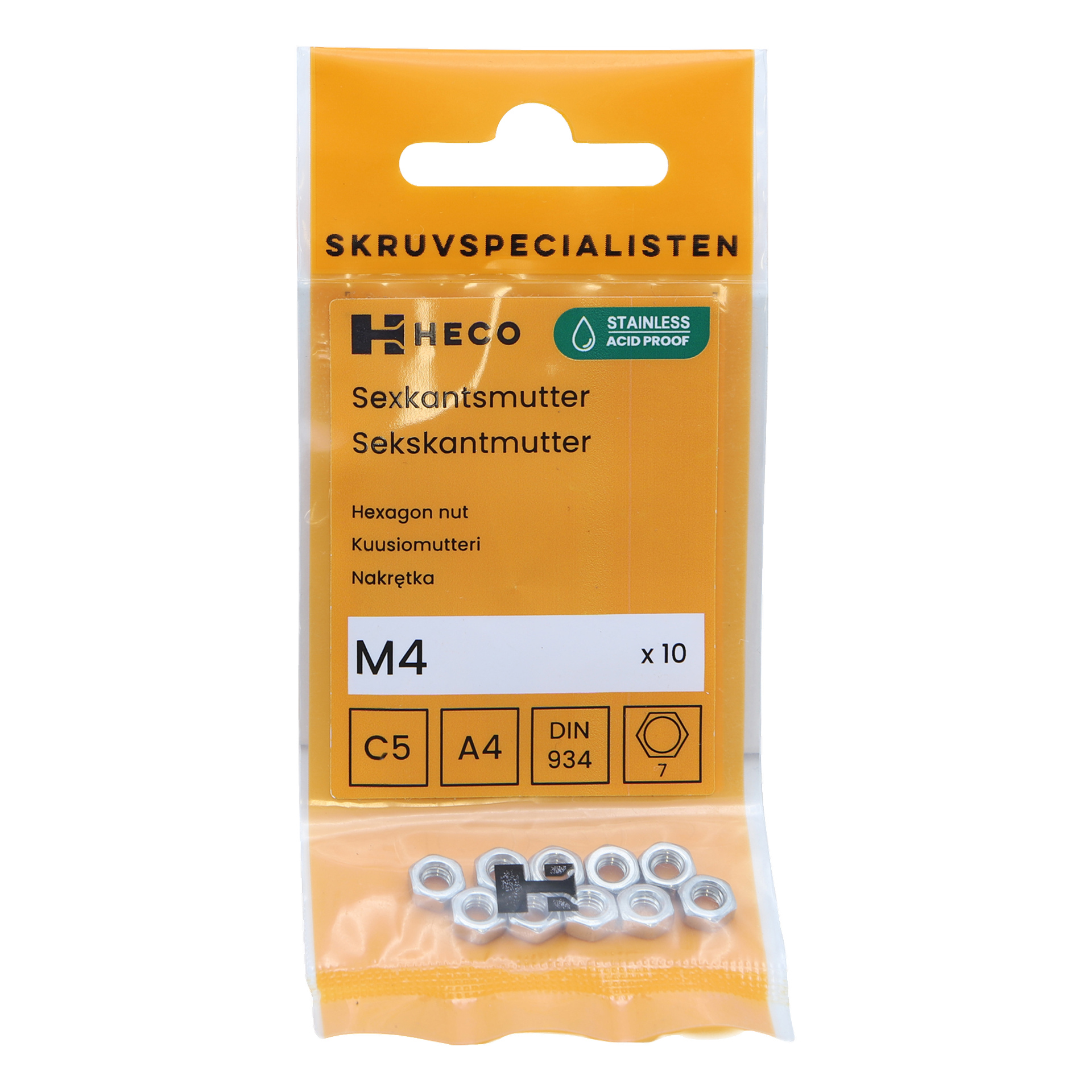 Ett paket med 10 Heco M4 hexagonmutter tillverkade av rostfritt, syrabeständigt material, visade i orange och klar förpackning som visar produktdetaljer och Heco-logotypen.