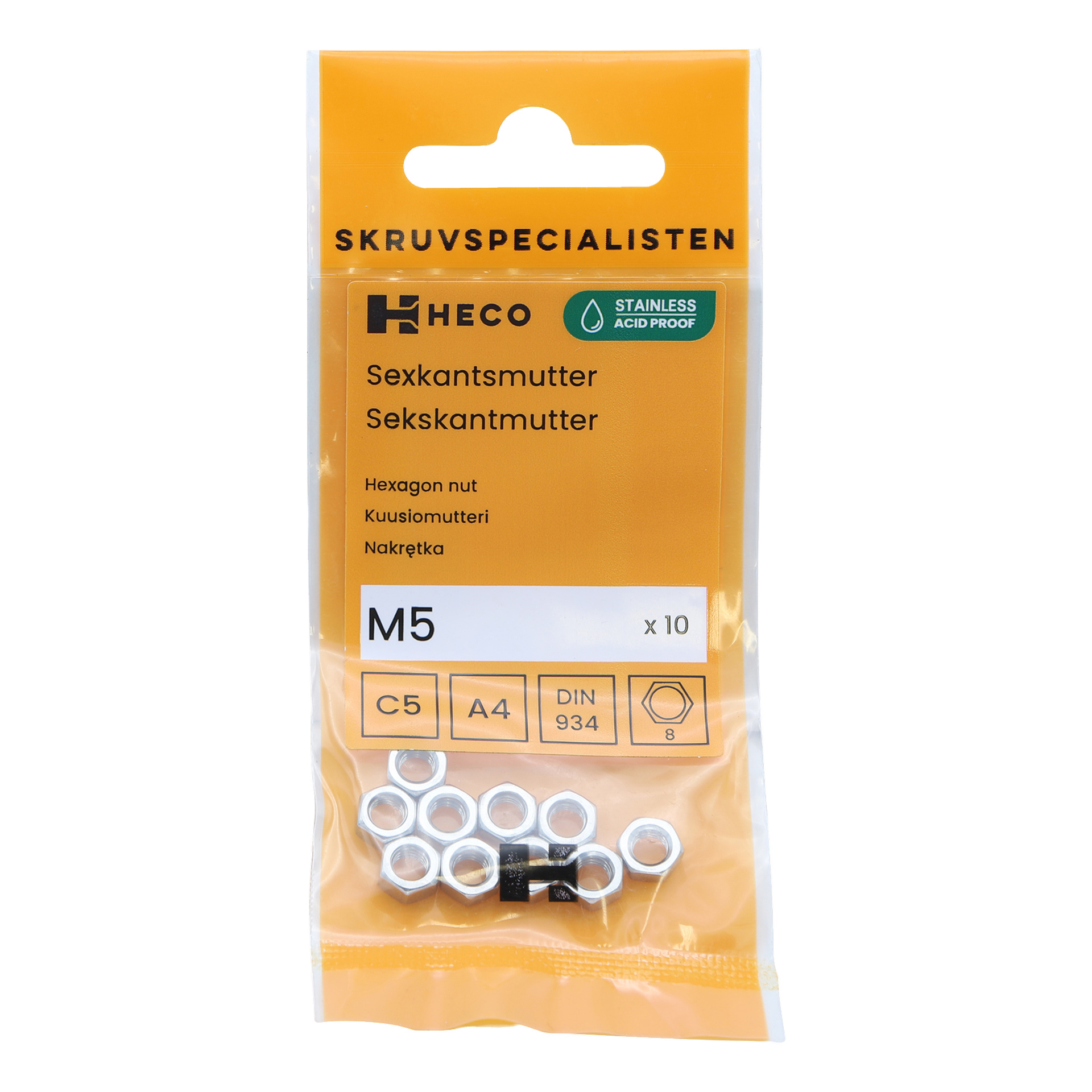 Kirkas muovipakkaus, jossa lukee "Heco 10 pack", sisältää kymmenen M5-kuusioksumutteria. Pakkauksessa on brändäys, tuotetiedot ja useita kuvauksia, ja mutterit näkyvät selvästi alareunassa läpinäkyvän osan läpi.