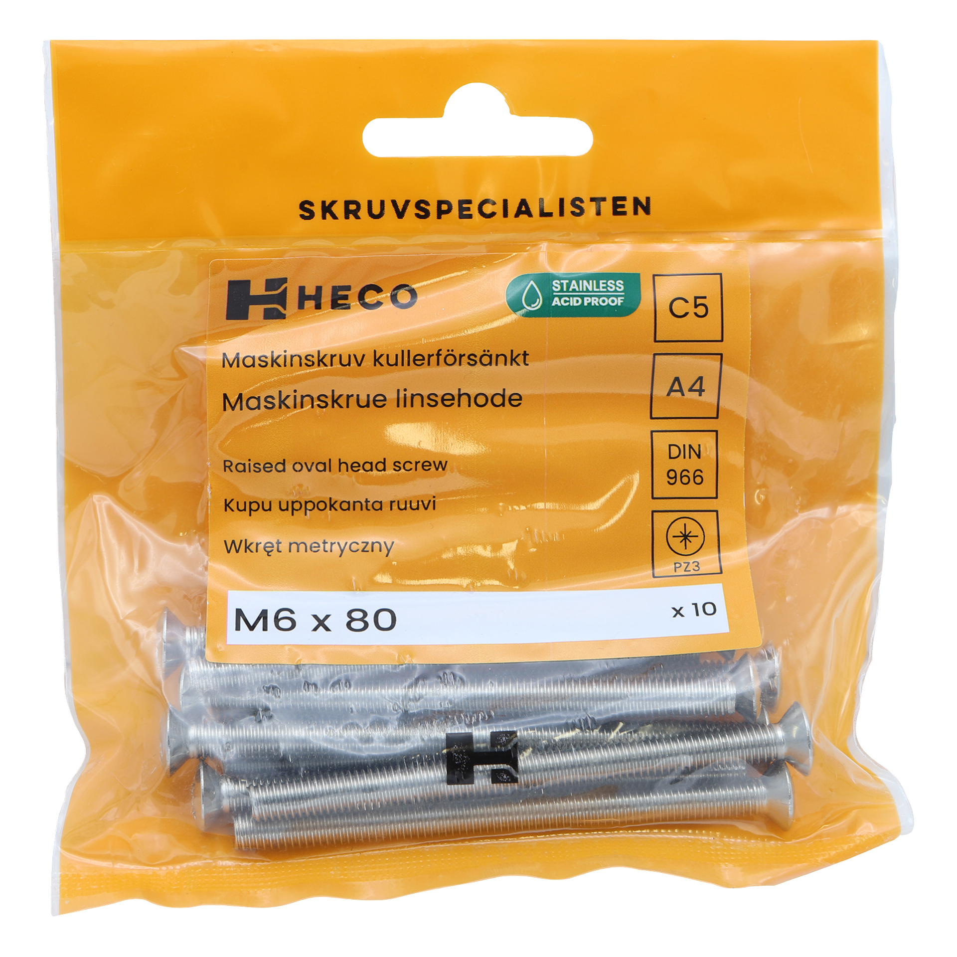 Tio M6 x 80 mm upphöjda ovala huvudskruvar i rostfritt stål från Heco är förpackade i en orange påse märkt "Screws 10 pack", där produktdetaljer och skruvarna syns synligt inuti.